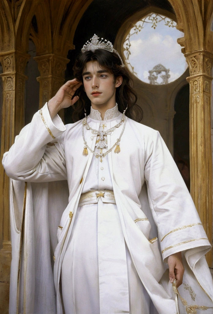 Beautiful white A handsome white male prince with long white hair with a diadem, in white luxurious prince clothes against the backdrop of a medieval beautiful rich white city 