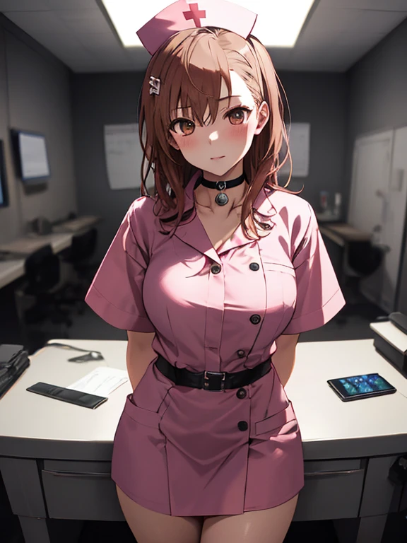 nurse, The background is the operating room, Misaka Mikoto, 1girl, black choker, uhd, retina, masterpiece, ccurate, anatomically correct, textured skin, super detail, high details, high quality, best quality, highres, 4K