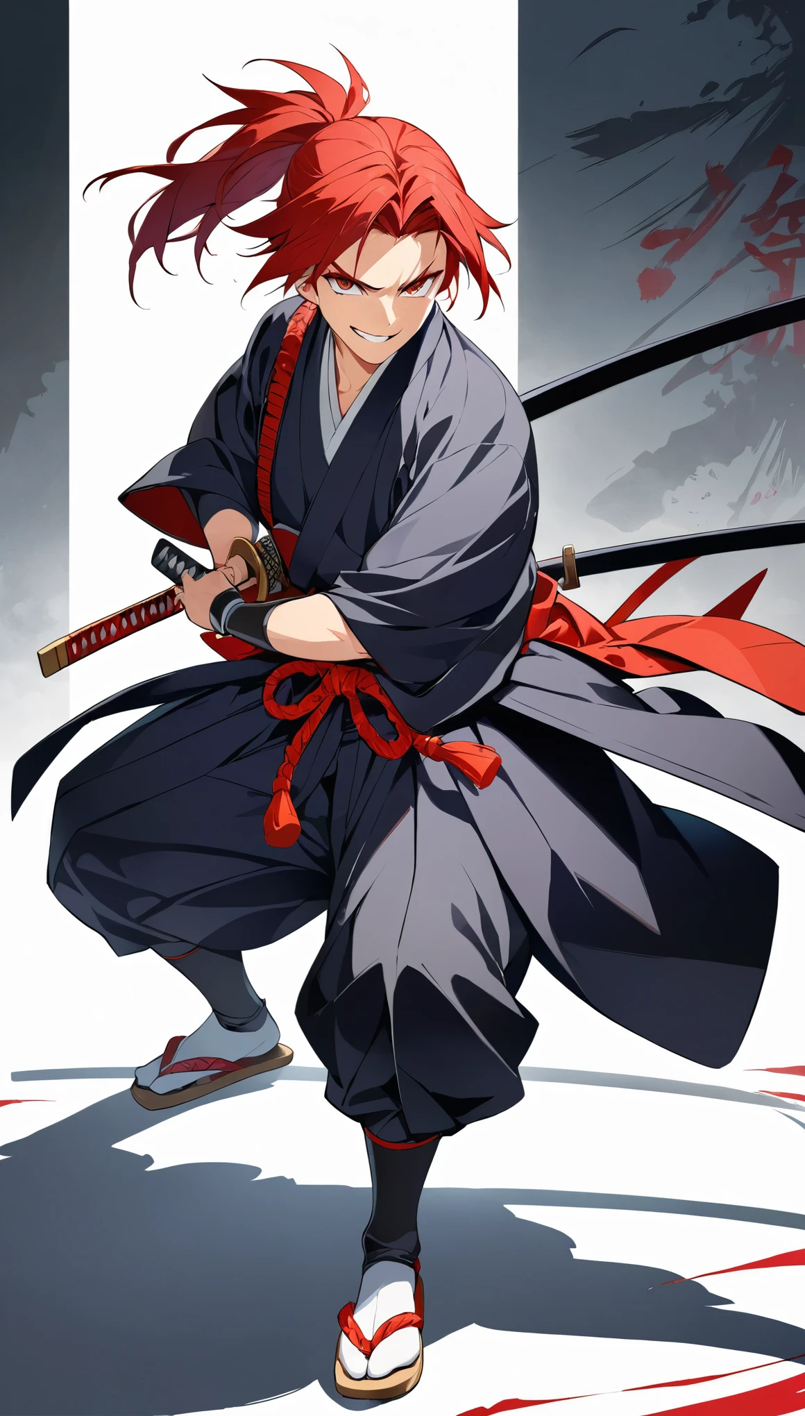 red hair, front ponytail, evil smile, anime, drop shadow, high quality, highres, best quality, masterpiece, A young samurai, a ronin, a boy wielding a sword