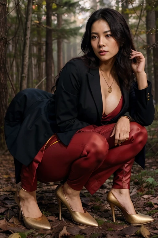 Satomi Ito, Lily Mariye, Wolf, woman, 60 years old, mayor, long messy black hair, black eyes, Women's Long Sleeve Solid Double Breasted Elegant Suit Set, red color, red high heels, pendant necklace wolf in gold forest background with fog