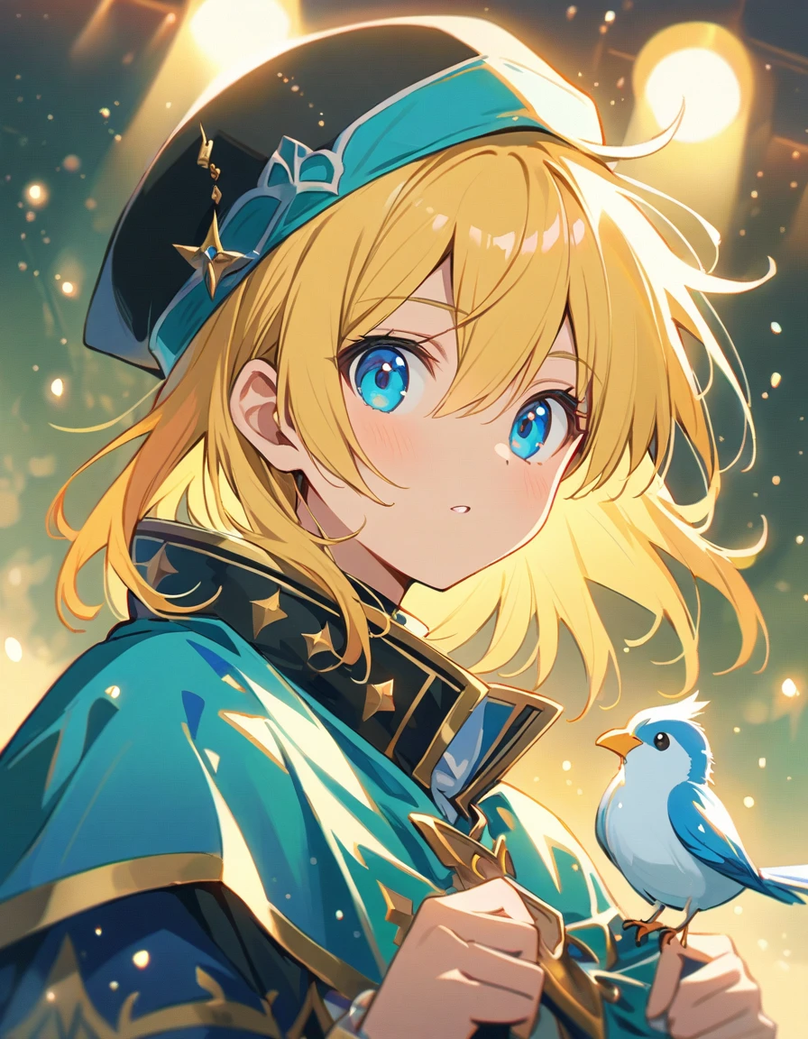 Atmospheric perspective, depth odebt debtield, Cinema Lighting, Shine, debt/2.8, 135mm, 超High resolution, retina, Attention to detail, high quality, High resolution, 最high quality, 4K、snow、Silver Hair、anime character with blue cape and hat holding a bird, portrait of magical blond prince, beautiful androgynous prince, inspired by Li Chevalier, delicate androgynous prince, machiavellian puppetmaster, okita sougo, tall anime guy with blue eyes, [[[[grinning evily]]]], orange - haired anime boy, zerochan、Please paint the whole thing in white and light colors..