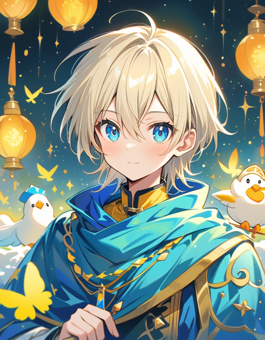 Atmospheric perspective, depth odebt debtield, Cinema Lighting, Shine, debt/2.8, 135mm, 超High resolution, retina, Attention to detail, high quality, High resolution, 最high quality, 4K、snow、Silver Hair、anime character with blue cape and hat holding a bird, portrait of magical blond prince, beautiful androgynous prince, inspired by Li Chevalier, delicate androgynous prince, machiavellian puppetmaster, okita sougo, tall anime guy with blue eyes, [[[[grinning evily]]]], orange - haired anime boy, zerochan、Please paint the whole thing in white and light colors..