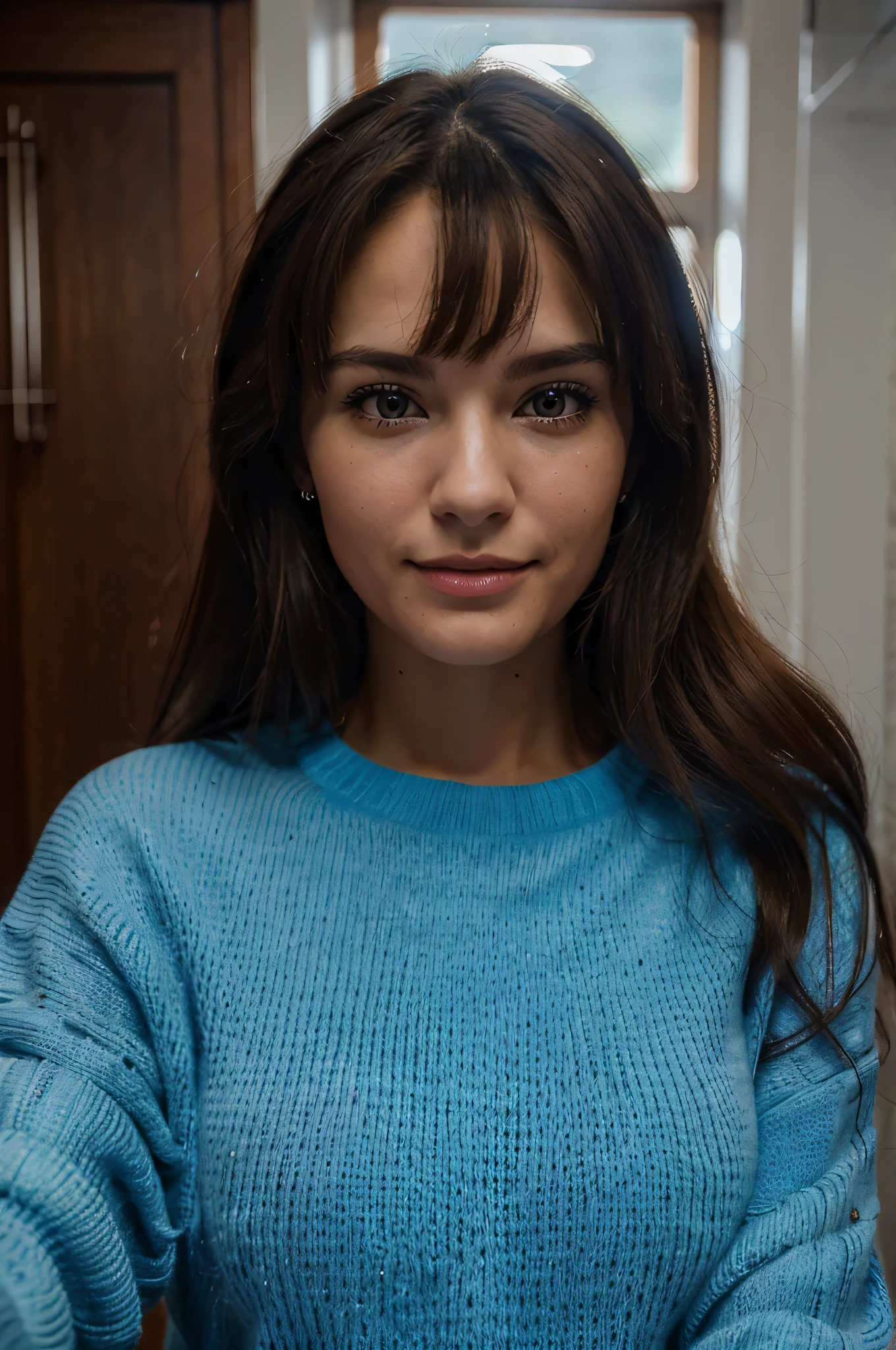 (best quality,ultra HD,realistic:1.2),pretty woman, blue sweater, smirking, selfie, ultra-detailed, vivid colors