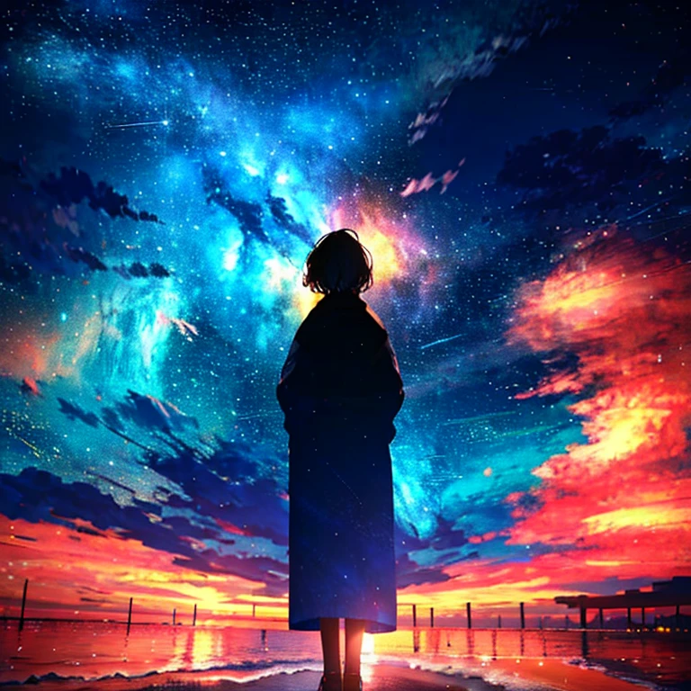 At night, ager standing on the beach,Look up at the starry sky,Full body photo,delicate,pain, Description of a righteous person,(Beautiful composition),((Highest quality,masterpiece)),pastel colour