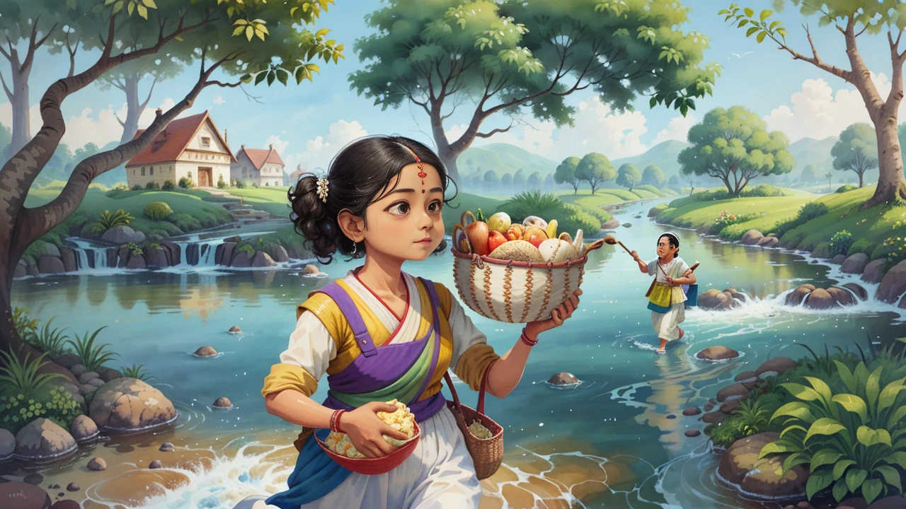 a painting of a woman carrying a basket of food, traditional art, traditional painting, inspired by T. K. Padmini, traditional drawing style, by T. K. Padmini, water painting, water color painting, painting of beautiful, she is walking on a river, water color on paper, inspired by Thota Vaikuntham, inspired by Raja Ravi Varma