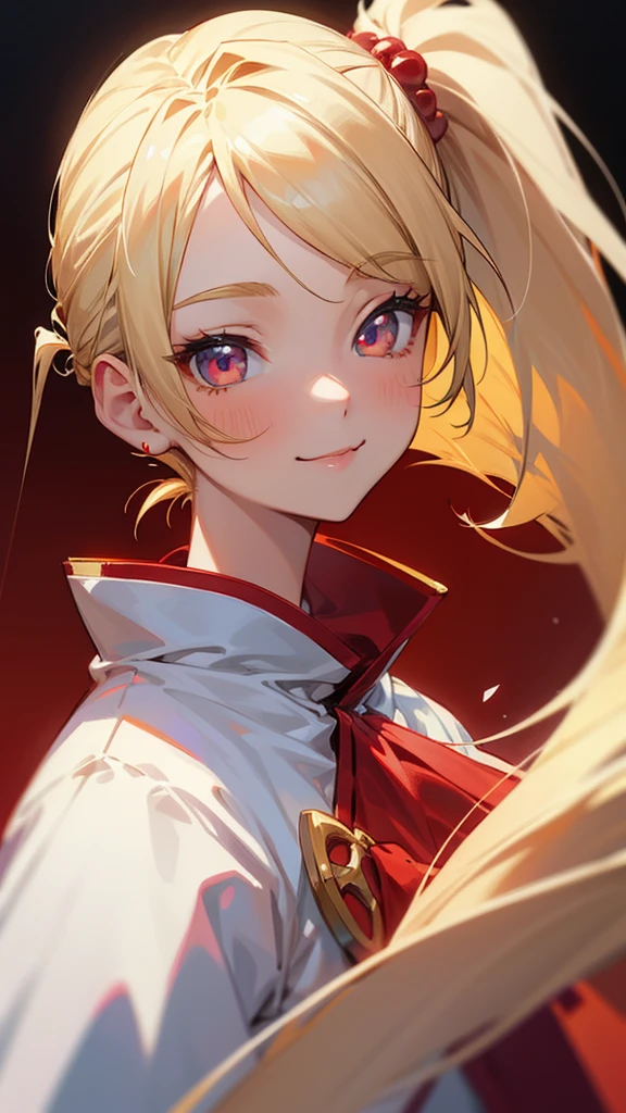 1 Girl、Anime-style paintings、Blonde Hair、Half Ponytail、Ruby-like eyes、smile、From the side、Upper body close-up、White and red clothing