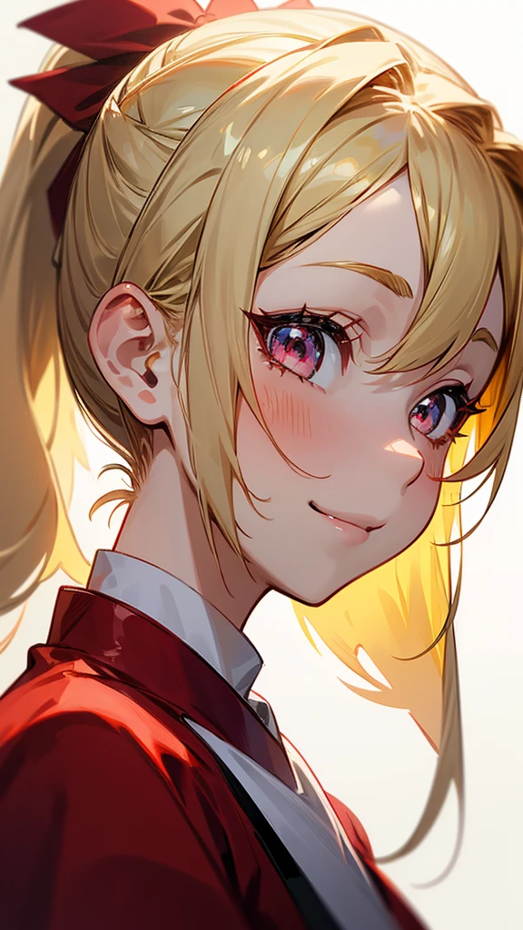 1 Girl、Anime-style paintings、Blonde Hair、Half Ponytail、Ruby-like eyes、smile、From the side、Upper body close-up、White and red clothing