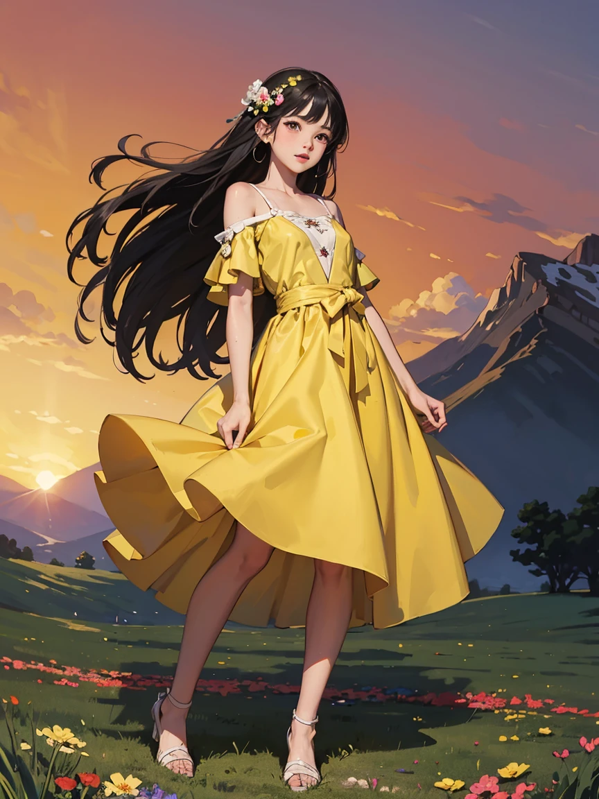 Low angle full body shot 1.4、（Sunny evening、Sunset、Red Sky、Distant Mountain々々You can see a wide meadow、many petals、Hair blowing in the wind）（（（Yellow and black dress、High heels）））、（（（Full body shot、Sunsetに祈る聖人）））（（（Japanese women, 18-year-old、Small face 1.4、、Blunt bangedium-long black hair、Straight Hair、Black-haired、Five Fingers、Full body photo 1.4）））、（Small ear-shaped arms and legs、Full waist circumference、Detailed skin with blood vessels showing through、Beautiful skin shining with sweat、Detailed skin with visible pores、Realistic, Detailed skin of downy hair、リアルでDetailed skin、Highly detailed and beautiful face、Beautiful and well-proportioned face、Very cute face、Detailed skin）