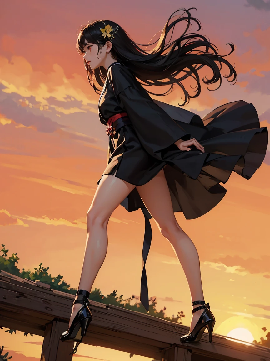 Low angle full body shot 1.4、(Sunny evening、Sunset、Red Sky、Distant Mountain々々You can see a wide meadow、many petals、Hair blowing in the wind)(((Yellow and black dress、High heels)))、(((Full body shot、Sunsetに祈る聖人)))(((Japanese women, 18-year-old、Small face 1.4、、Blunt bangedium-long black hair、Straight Hair、Black-haired、Five Fingers、Full body photo 1.4)))、(Small ear-shaped arms and legs、Full waist circumference、Detailed skin with blood vessels showing through、Beautiful skin shining with sweat、Detailed skin with visible pores、Realistic, Detailed skin of downy hair、リアルでDetailed skin、Highly detailed and beautiful face、Beautiful and well-proportioned face、Very cute face、Detailed skin)