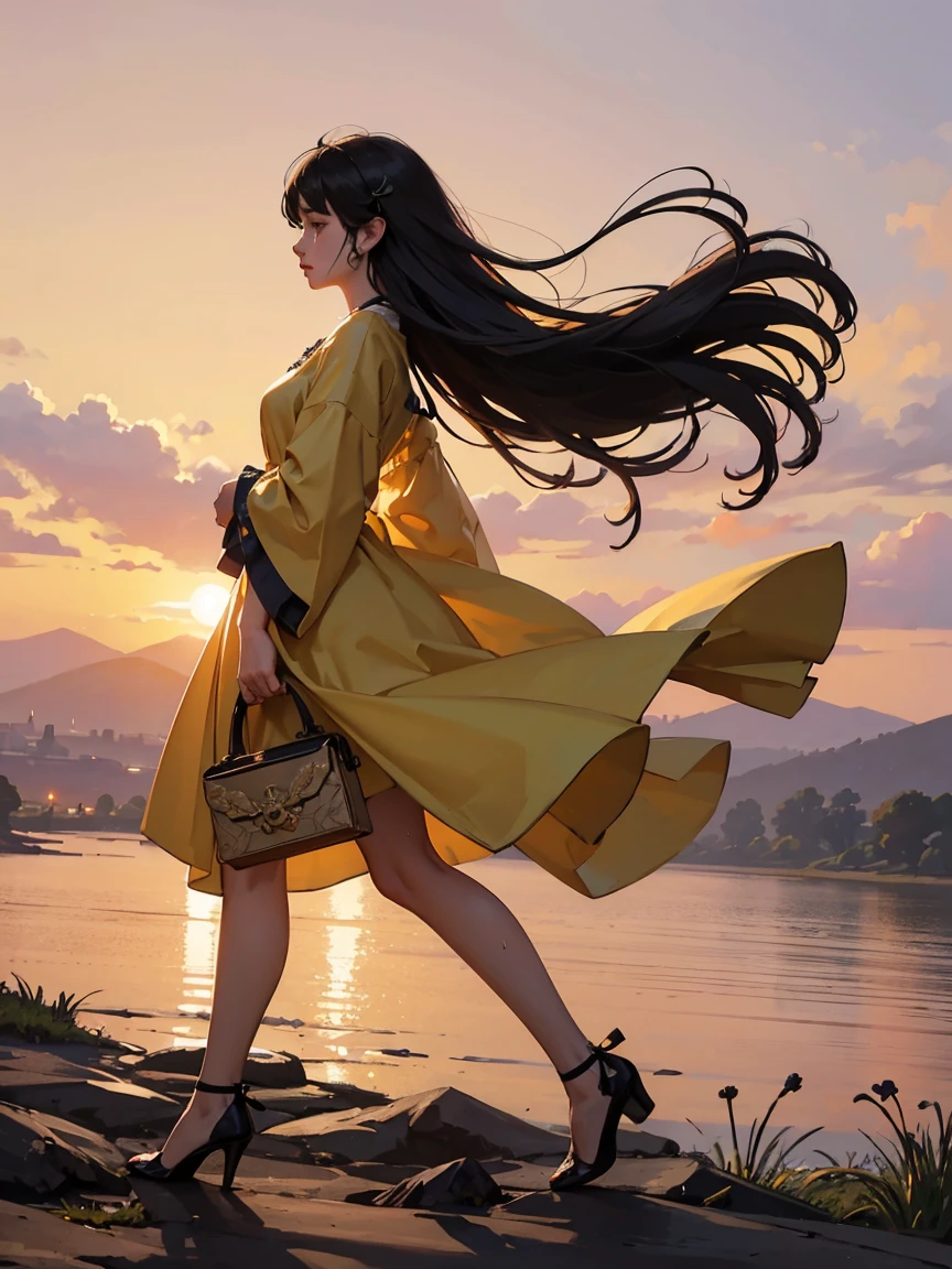 Low angle full body shot 1.4、(Sunny evening、Sunset、Red Sky、Distant Mountain々々You can see a wide meadow、many petals、Hair blowing in the wind)(((Yellow and black dress、High heels)))、(((Full body shot、Sunsetに祈る聖人)))(((Japanese women, 18-year-old、Small face 1.4、、Blunt bangedium-long black hair、Straight Hair、Black-haired、Five Fingers、Full body photo 1.4)))、(Small ear-shaped arms and legs、Full waist circumference、Detailed skin with blood vessels showing through、Beautiful skin shining with sweat、Detailed skin with visible pores、Realistic, Detailed skin of downy hair、リアルでDetailed skin、Highly detailed and beautiful face、Beautiful and well-proportioned face、Very cute face、Detailed skin)