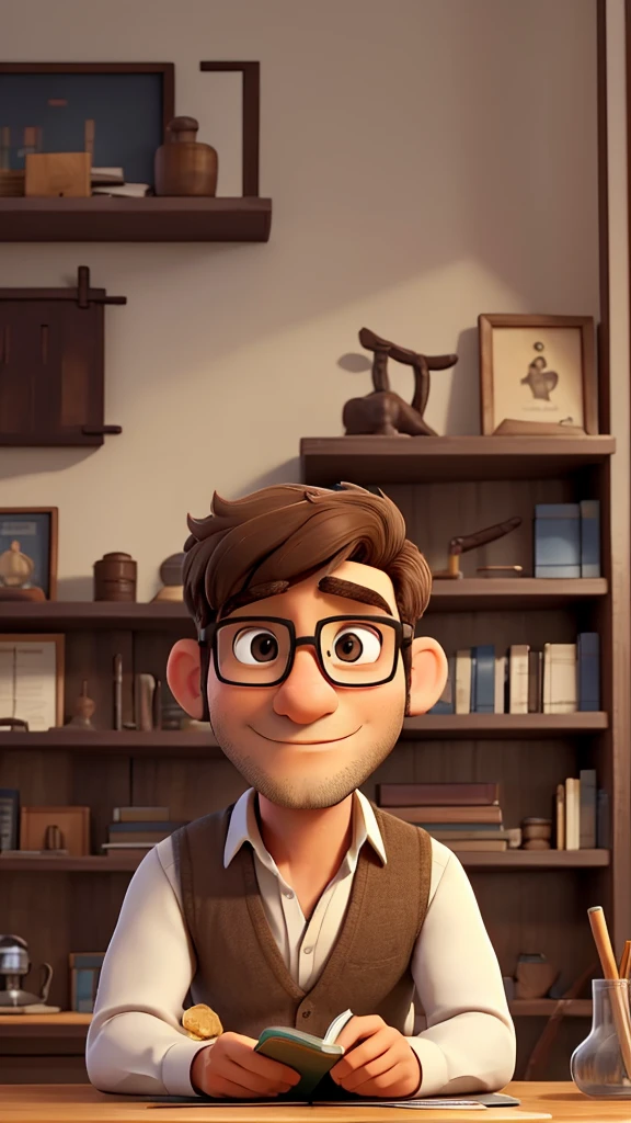 Man is reading a book sitting at a table. He is looking at the book he is reading. Behind him is a shelf full of books.. He is approximately 35 years old, of medium height, with short, light brown hair. He has a thin beard and wears thin-rimmed glasses.. Wear a simple white shirt with a gray wool vest and dark pants.. your face is gentle, with brown eyes that convey an expression of serenity and curiosity.