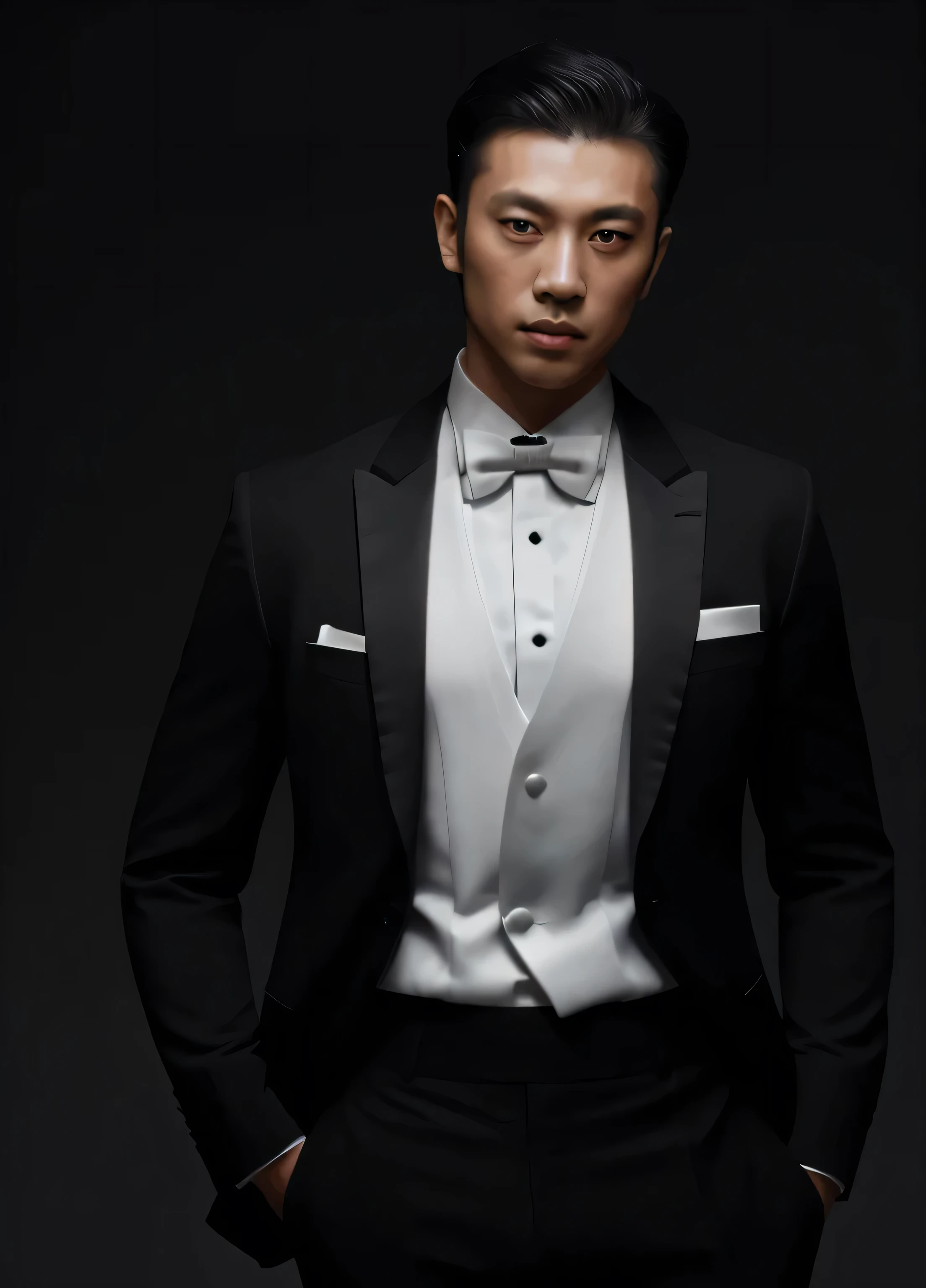 a asian men black suite ,black tie, white shirt ,light studio