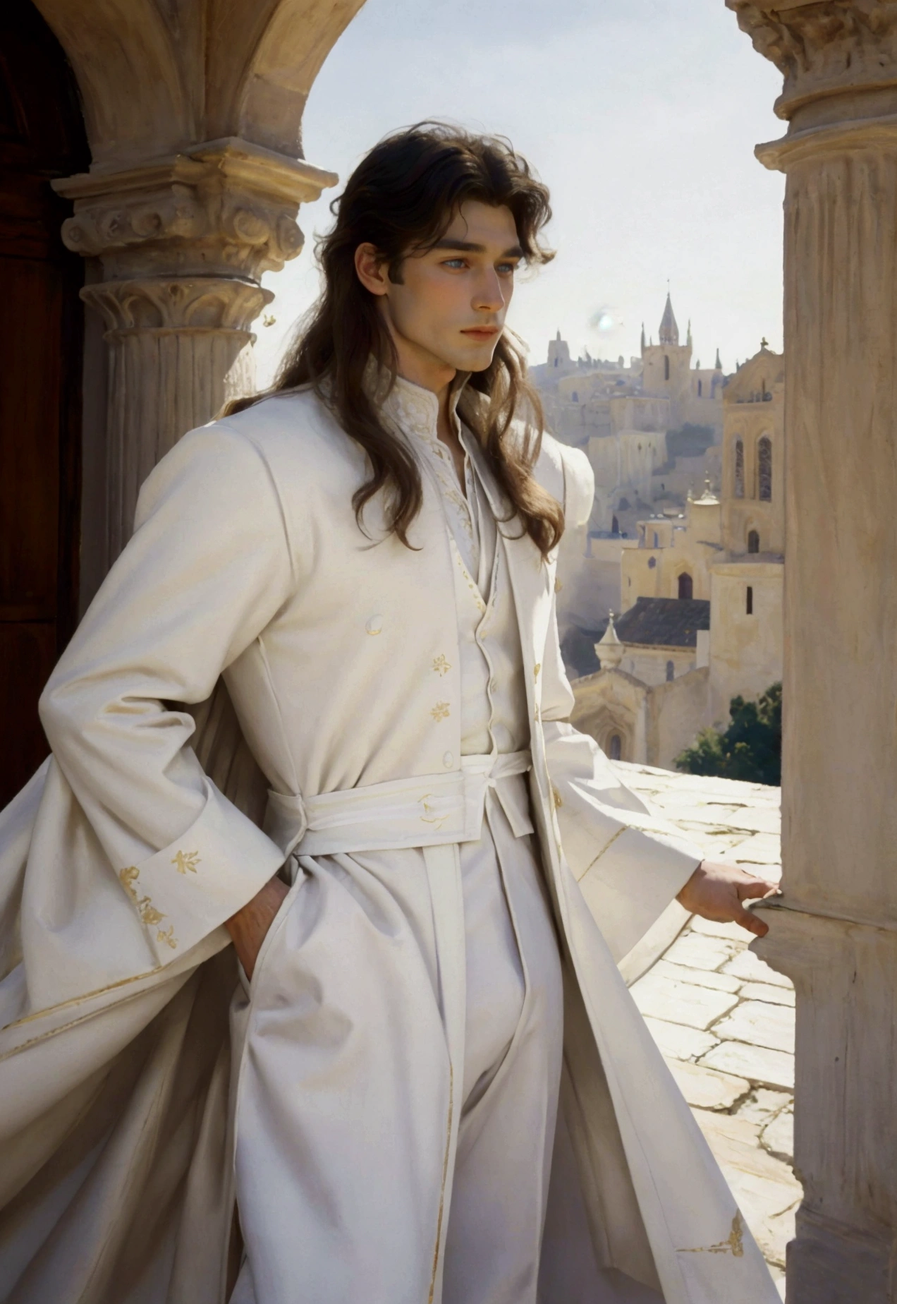 Beautiful white,with cheekbones a handsome white male prince with white long  hair with , in white luxurious prince clothes against the backdrop of a medieval beautiful rich white city 