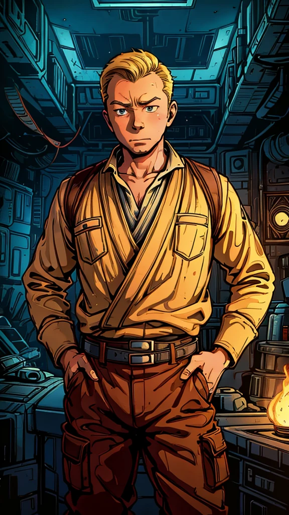 (1man, Tintin,1boy, blue top, brown pant), (extremely detailed CG unit 8k wallpaper),(master part), (best quality), (ultra detail), (best illustration),(style of Dan Mumford), cowboy shot, (Sharp eyeliner, ombre, detailed eyes:1), death Star interiors background, ,break , (Star Wars), upper body,brunning,short hair ,blonde hair, 