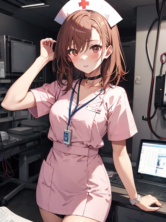 nurse, The background is the operating room, Misaka Mikoto, 1girl, black choker, uhd, retina, masterpiece, ccurate, anatomically correct, textured skin, super detail, high details, high quality, best quality, highres, 4K