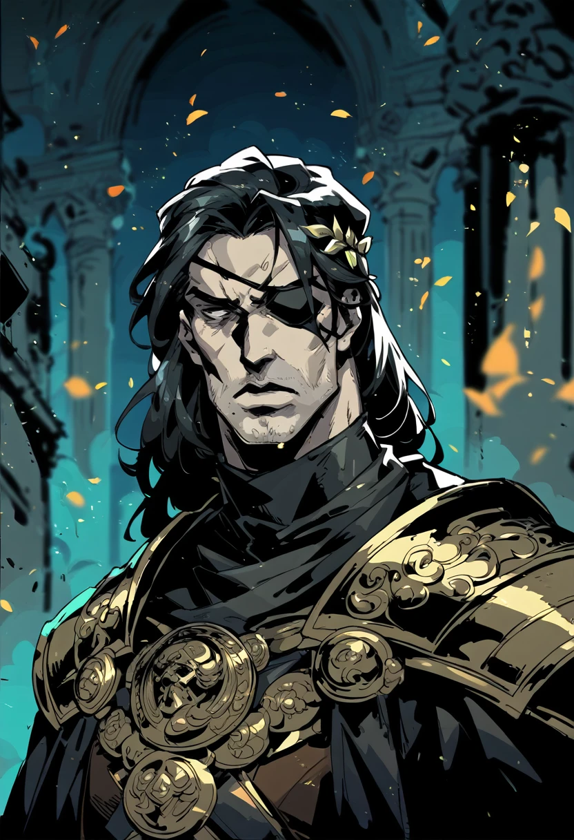 score_8_up, score_7_up, 1man, solo, portrait of rogue young man in light armor, dark lips, pauldrons, frills, black tabard, black hair, messy, eyepatch, night, particles, old cathedral background, bokeh, dark clouds, hades style