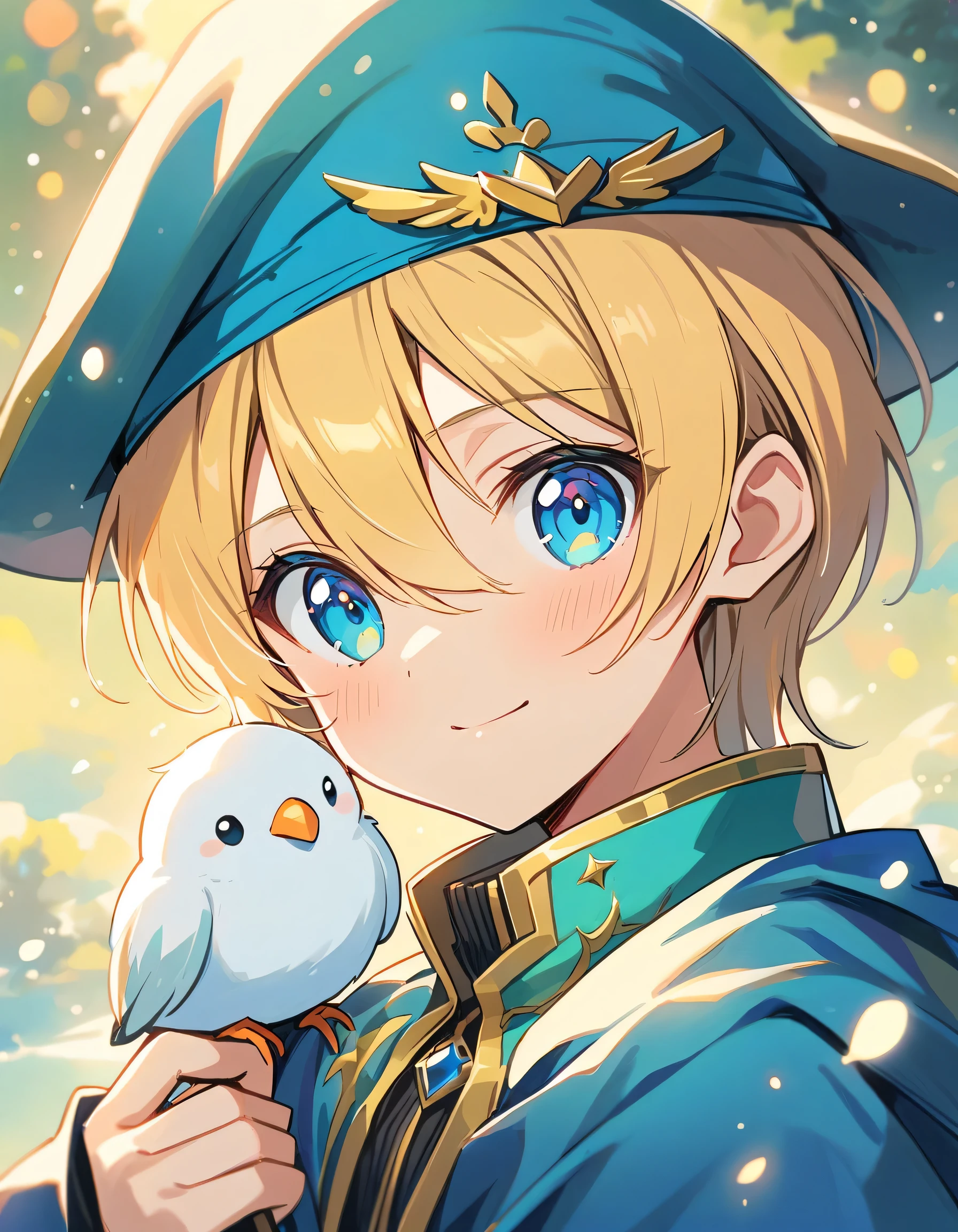 Atmospheric perspective, depth odebt debtield, Cinema Lighting, Shine, debt/2.8, 135mm, 超High resolution, retina, Attention to detail, high quality, High resolution, 最high quality, 4K、snow、Silver Hair、anime character with blue cape and hat holding a bird, portrait of magical blond prince, beautiful androgynous prince, inspired by Li Chevalier, delicate androgynous prince, machiavellian puppetmaster, okita sougo, tall anime guy with blue eyes, [[[[grinning evily]]]], orange - haired anime boy, zerochan、Please paint the whole thing in white and light colors..