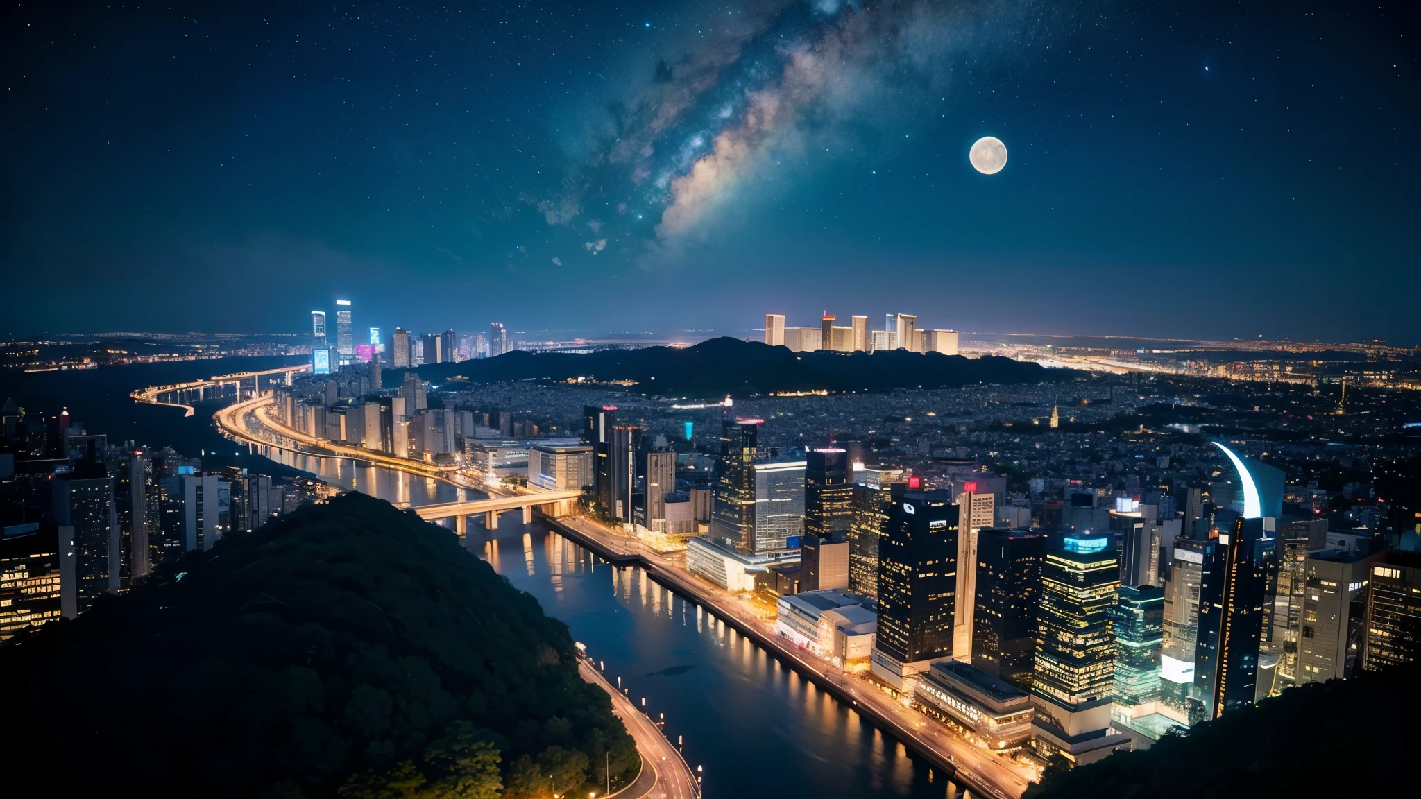 Wonderful landscape、Highest quality、Cityscape、Including sky、Starry Sky、night、Big Moon、Moonlit cityscape、building、There are no people,　Makoto Shinkai&#39;s art style, 8