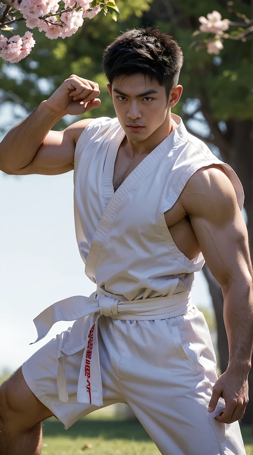 (absurdres, highres, ultra detailed, HDR), masterpiece, best quality,**Ultra-realistic photograph of a Japanese fighter inspired by Street Fighter's Ryu, mid-30s, broad-shouldered, thickly muscled physique with a thick chest plate. Intense, focused expression, determined dark brown eyes. Short, spiky black hair. Muscular jawline and slight stubble. Worn white karate uniform, which is flared out in front, revealing a little of his toned abdominal muscles. The sleeves of the karate uniform are torn and sleeveless, revealing strong arms. A red hachimaki is wrapped around his forehead, slightly frayed at the ends. The soles of his feet are bare. Weathered hand wraps are wrapped around his fists. Taken in a dynamic stance. Setting: outdoor training area with traditional Japanese elements such as stone lanterns and cherry blossoms. Early morning or late afternoon natural light. Ultra-high resolution images showing skin texture, sweat and fabric details. Style: sports photography, martial arts documentary; pure photorealism with no 3D renderings or video game aesthetics, emphasising the physical prowess and training of real fighters.