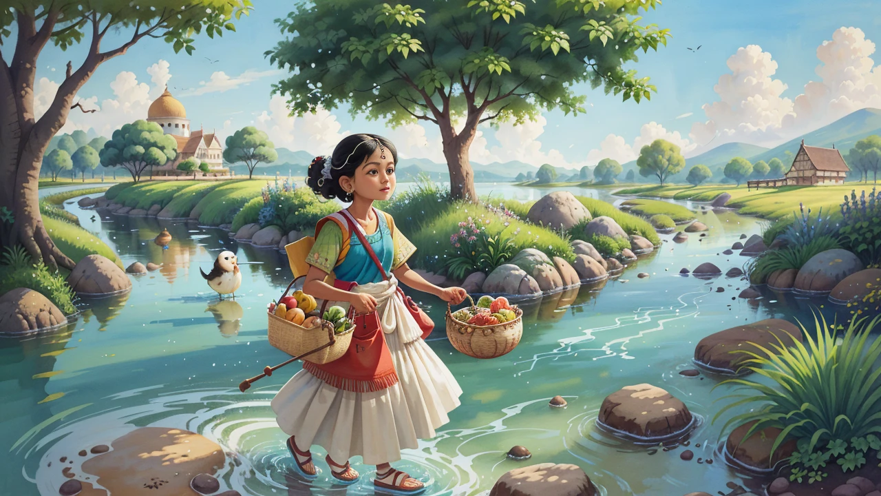 a painting of a woman carrying a basket of food, traditional art, traditional painting, inspired by T. K. Padmini, traditional drawing style, by T. K. Padmini, water painting, water color painting, painting of beautiful, she is walking on a river, water color on paper, inspired by Thota Vaikuntham, inspired by Raja Ravi Varma