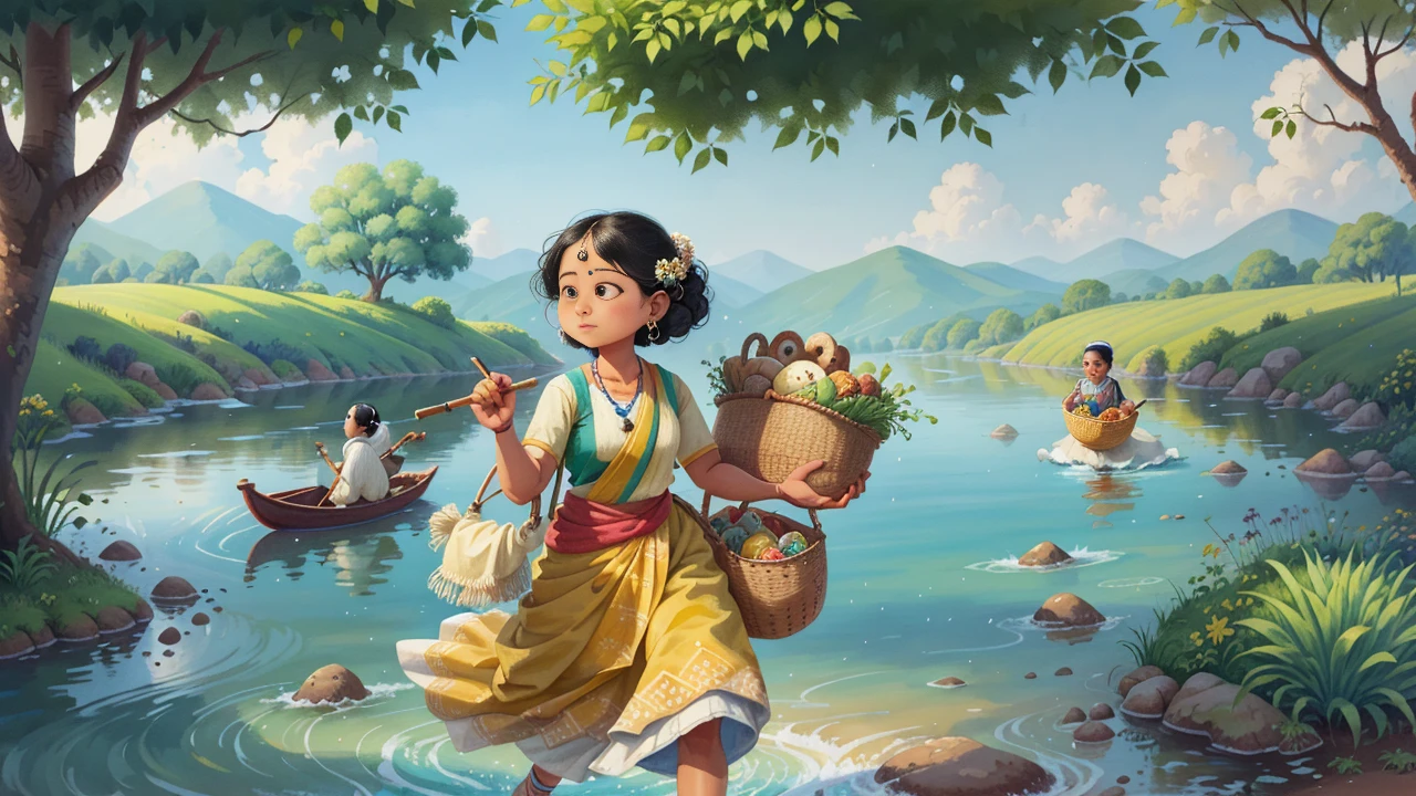 a painting of a woman carrying a basket of food, traditional art, traditional painting, inspired by T. K. Padmini, traditional drawing style, by T. K. Padmini, water painting, water color painting, painting of beautiful, she is walking on a river, water color on paper, inspired by Thota Vaikuntham, inspired by Raja Ravi Varma