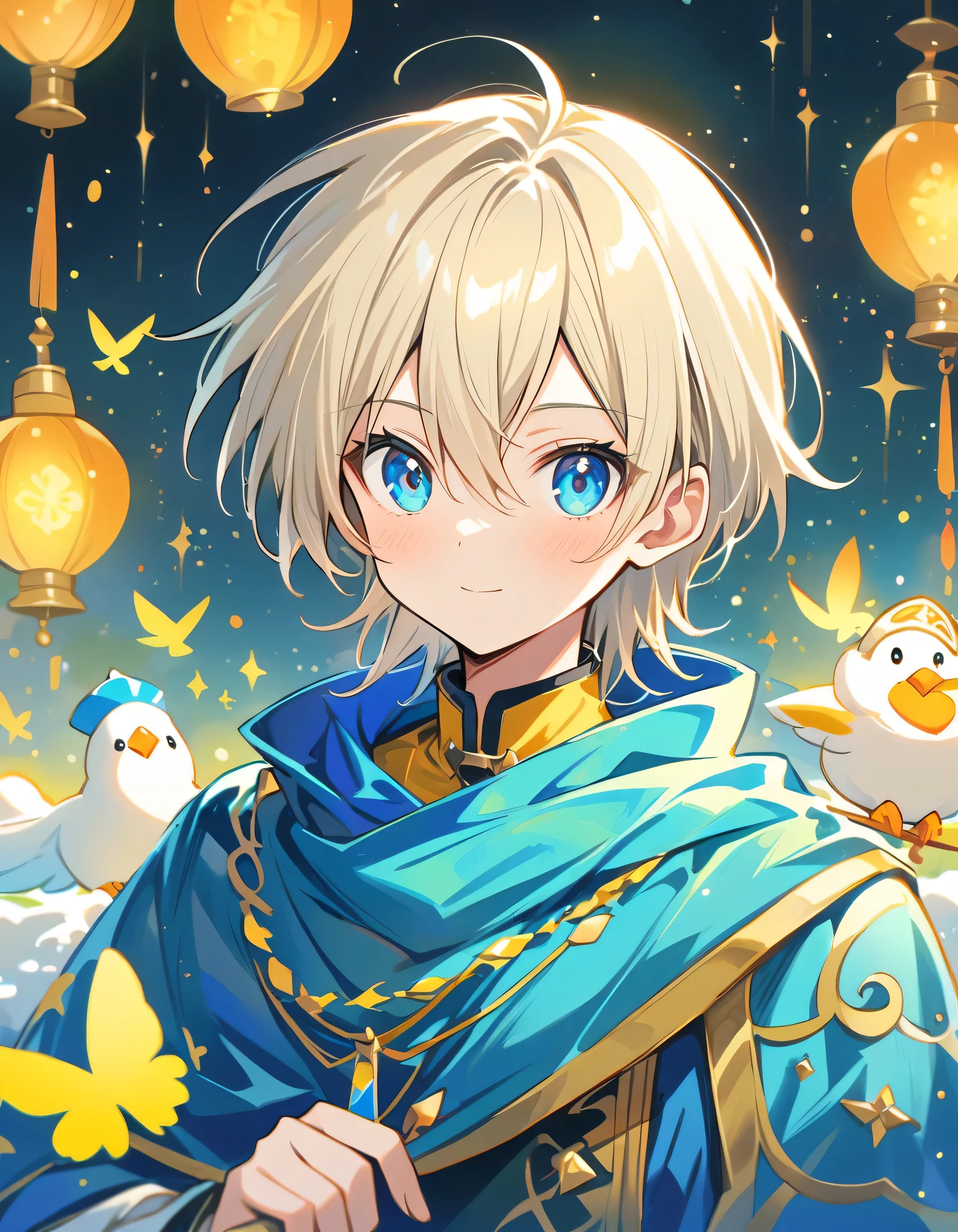 Atmospheric perspective, depth odebt debtield, Cinema Lighting, Shine, debt/2.8, 135mm, 超High resolution, retina, Attention to detail, high quality, High resolution, 最high quality, 4K、snow、Silver Hair、anime character with blue cape and hat holding a bird, portrait of magical blond prince, beautiful androgynous prince, inspired by Li Chevalier, delicate androgynous prince, machiavellian puppetmaster, okita sougo, tall anime guy with blue eyes, [[[[grinning evily]]]], orange - haired anime boy, zerochan、Please paint the whole thing in white and light colors..