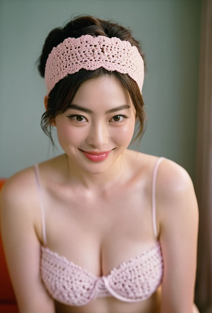 quite a bit body a beautiful cute Japanese woman, still from the film, (Anne Hathaway look alike face: 0.8), a closeup photo of a cute smiling artist woman, ((nude, naked breasts, nice cleavage, bulge juicy pink nipples, big thighs, cameltoe, white sanitary napkin, rounded hips)), with a pastel rainbow colored crochet headband, Leica SL3, Summicron-SL 75 f/2 ASPH, Kodak Gold 200 film, bokeh, rim lighting, silhouette, shallowed depth of field, dynamic hands up,