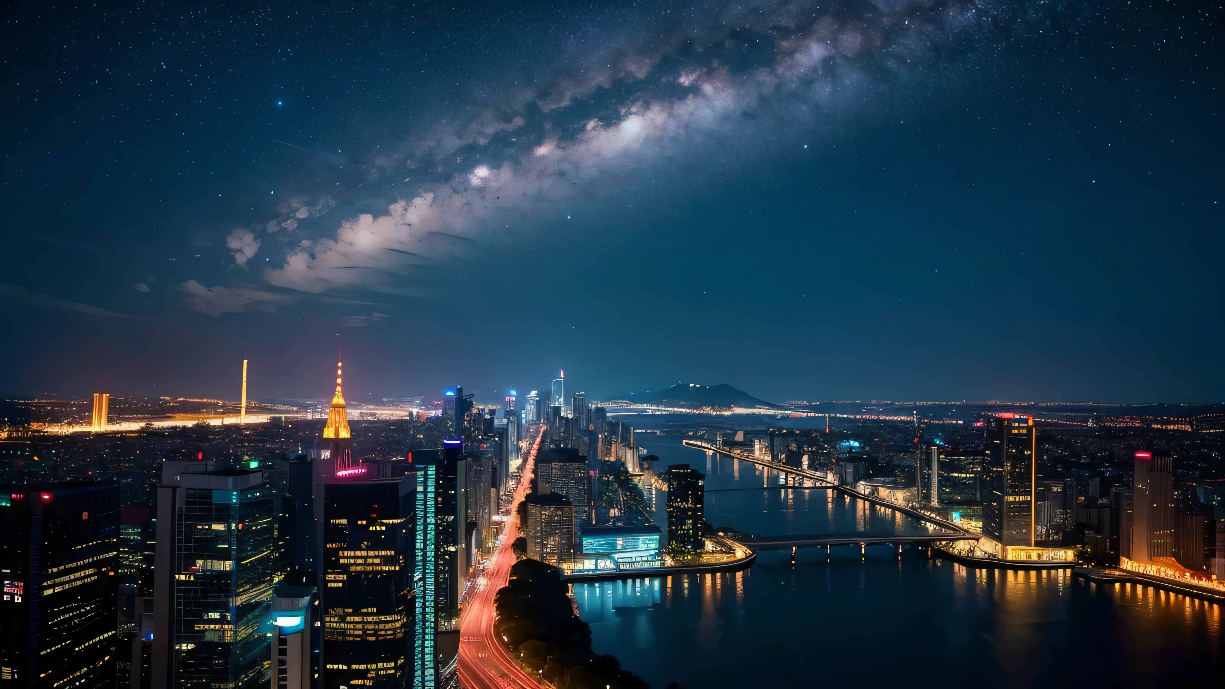 Wonderful landscape、Highest quality、Cityscape、Including sky、Starry Sky、night、Big Moon、Moonlit cityscape、building、There are no people,　Makoto Shinkai's Worldview, ８K quality, Neon glows, Breathtakingly beautiful scenery, 