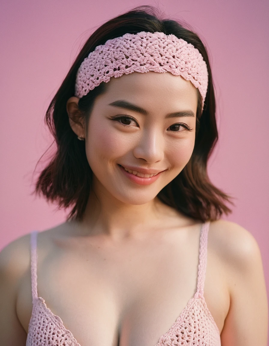 quite a bit body a beautiful cute Japanese woman, still from the film, (Anne Hathaway look alike face: 0.8), a closeup photo of a cute smiling artist woman, ((nude, naked breasts, nice cleavage, bulge juicy pink nipples, big thighs, cameltoe, white sanitary napkin, rounded hips)), with a pastel rainbow colored crochet headband, Leica SL3, Summicron-SL 75 f/2 ASPH, Kodak Gold 200 film, bokeh, rim lighting, silhouette, shallowed depth of field, dynamic hands up,