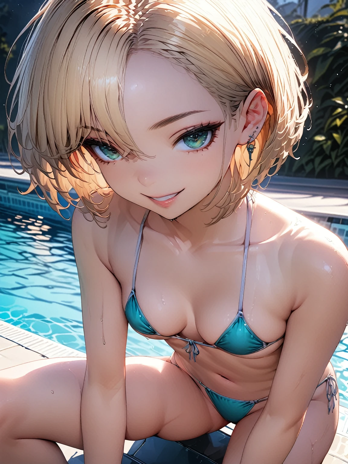 blonde, short hair, girl１,  in the Poolside, upper body, completely nude, (small nipples:1.2), (small areolas:1.2), kawaii, cute, pale purple eyes,smile