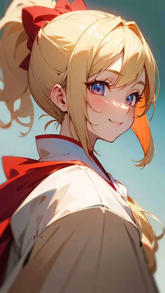 1 Girl、Anime-style paintings、Blonde Hair、Half Ponytail、Ruby-like eyes、smile、From the side、Upper body close-up、White and red clothing