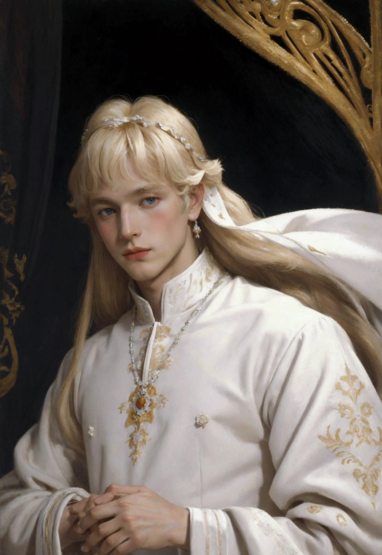 Beautiful white,with cheekbones a handsome white-blond male prince with white long hair with , in white luxurious prince clothes against the backdrop of a medieval beautiful rich white city