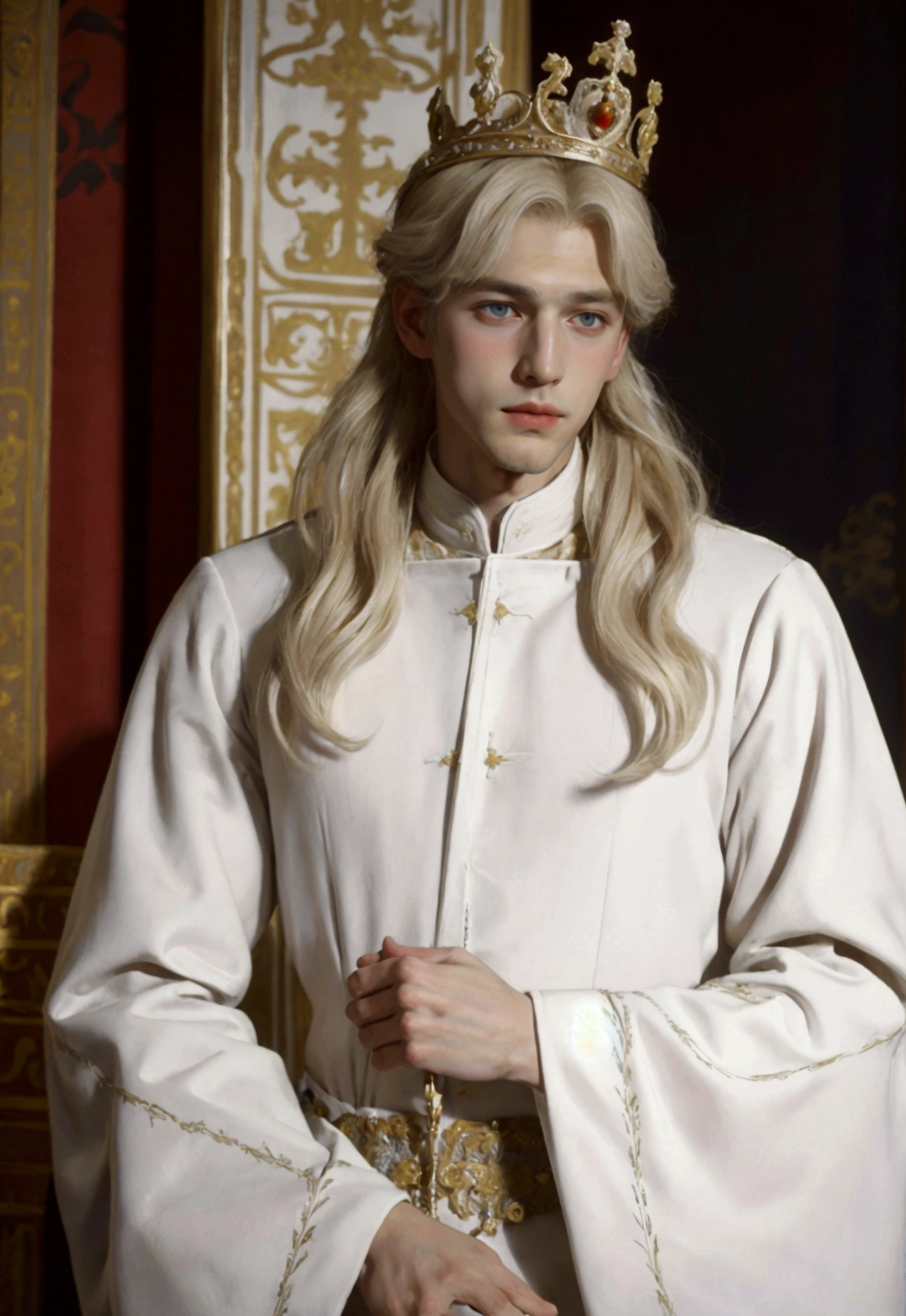 Beautiful white,with cheekbones a handsome white-blond  male prince with white long  hair with , in white luxurious prince clothes against the backdrop of a medieval beautiful rich white city 