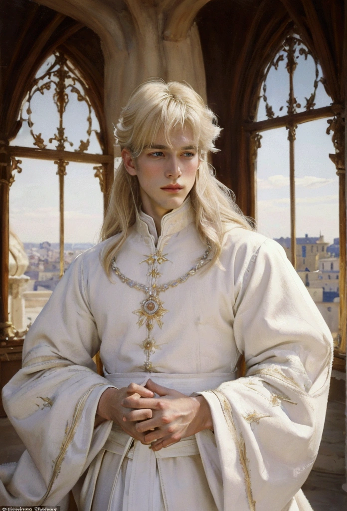 Beautiful white,with cheekbones a handsome white-blond male prince with white long hair with , in white luxurious prince clothes against the backdrop of a medieval beautiful rich white city