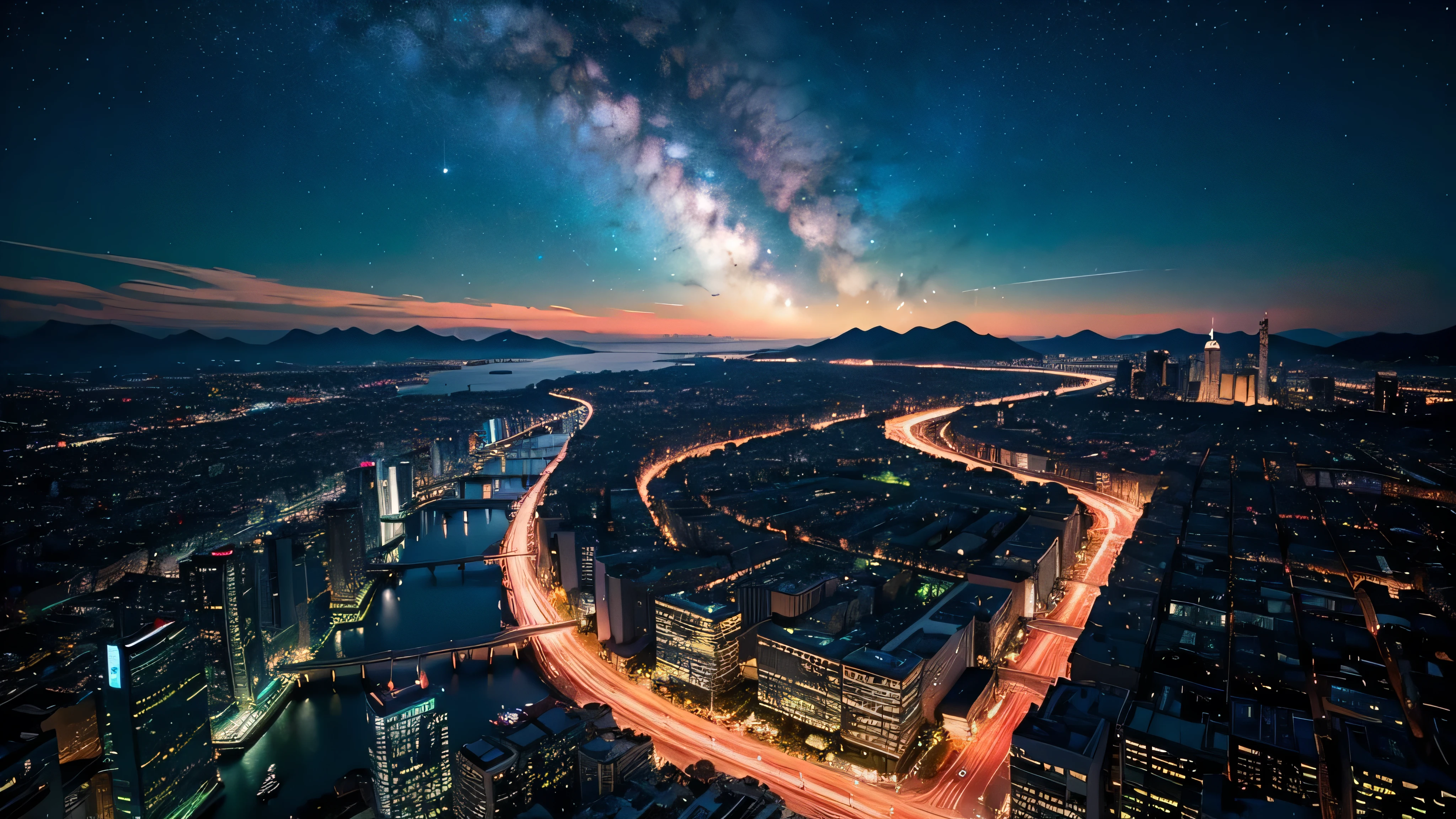 Wonderful landscape、Highest quality、Cityscape、Including sky、Starry Sky、night、Big Moon、Moonlit cityscape、building、There are no people, Makoto Shinkai's Worldview, 8K quality, Neon glows, Breathtakingly beautiful scenery,