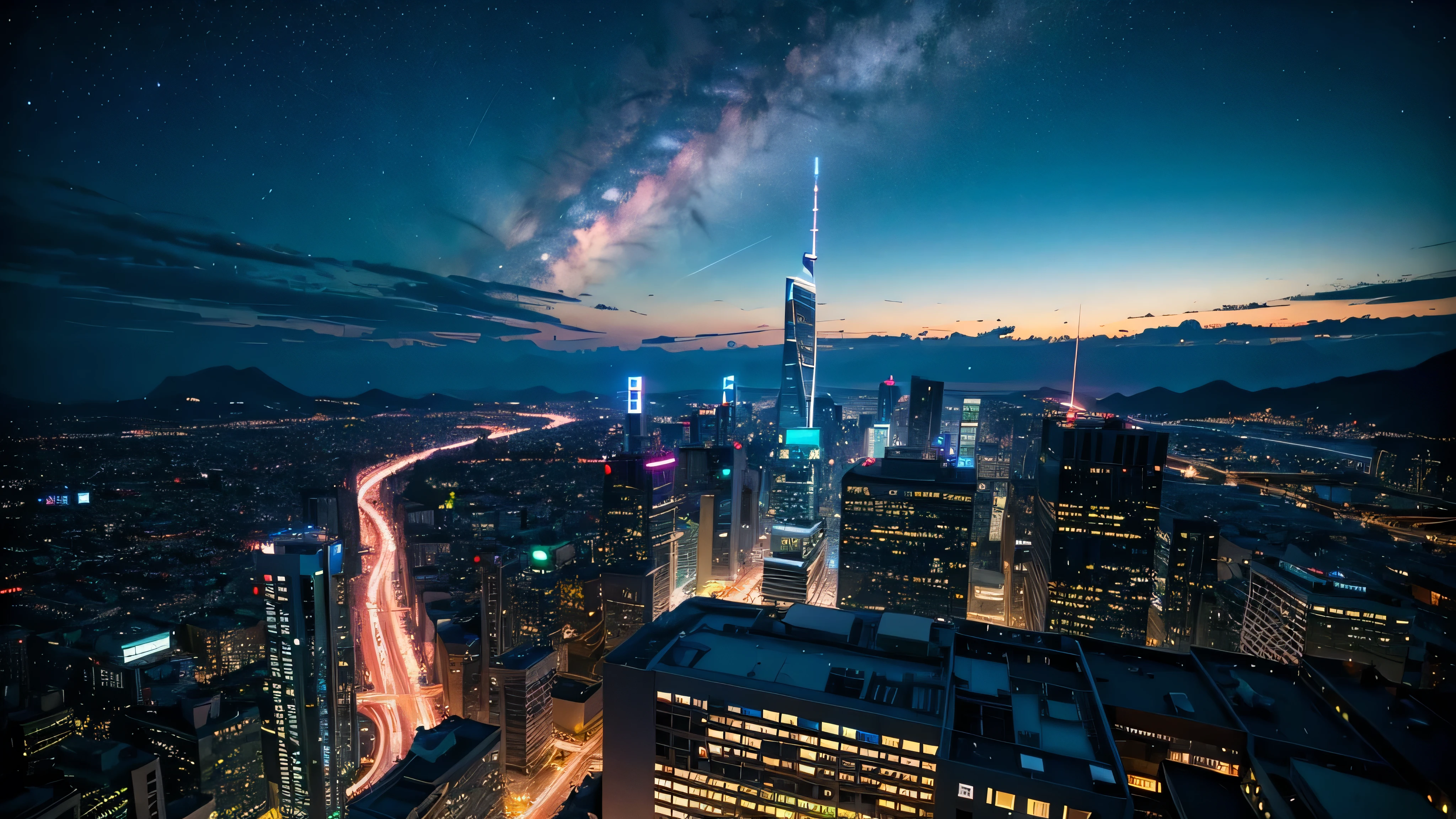 Wonderful landscape、Highest quality、Cityscape、Including sky、Starry Sky、night、Big Moon、Moonlit cityscape、building、There are no people,　Makoto Shinkai's Worldview, ８K quality, Neon glows, Breathtakingly beautiful scenery, 