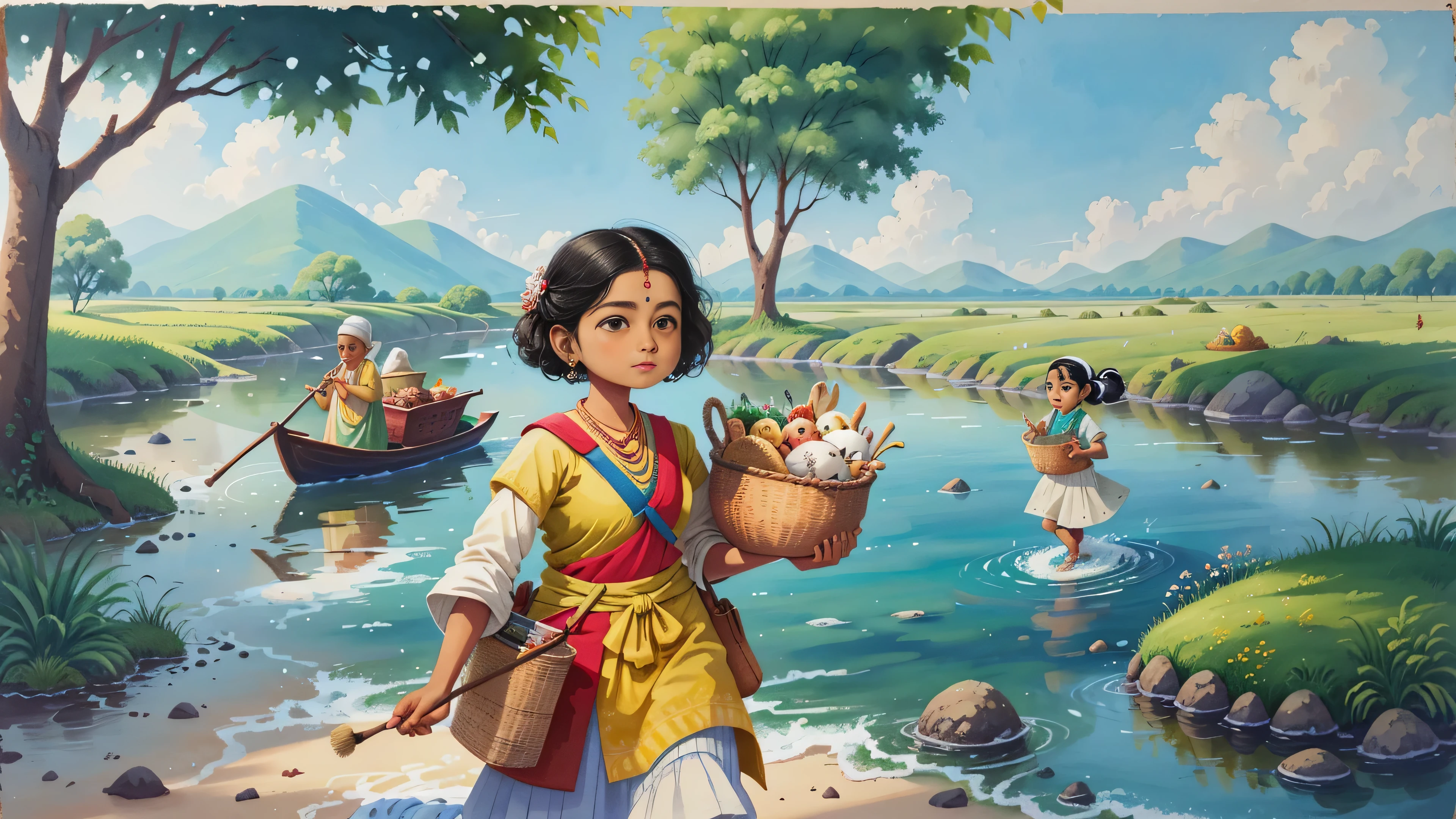 a painting of a woman carrying a basket of food, traditional art, traditional painting, inspired by T. K. Padmini, traditional drawing style, by T. K. Padmini, water painting, water color painting, painting of beautiful, she is walking on a river, water color on paper, inspired by Thota Vaikuntham, inspired by Raja Ravi Varma