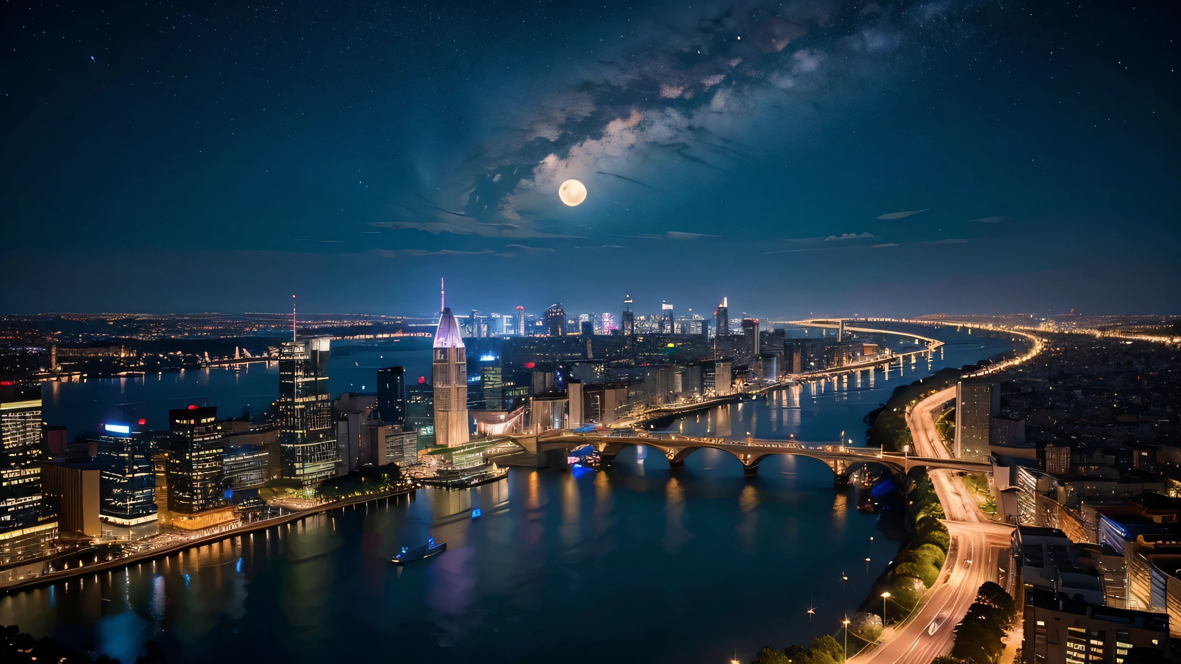 Wonderful landscape、Highest quality、Cityscape、Including sky、Starry Sky、night、Big Moon、Moonlit cityscape、building、There are no people, Makoto Shinkai's art style, 8