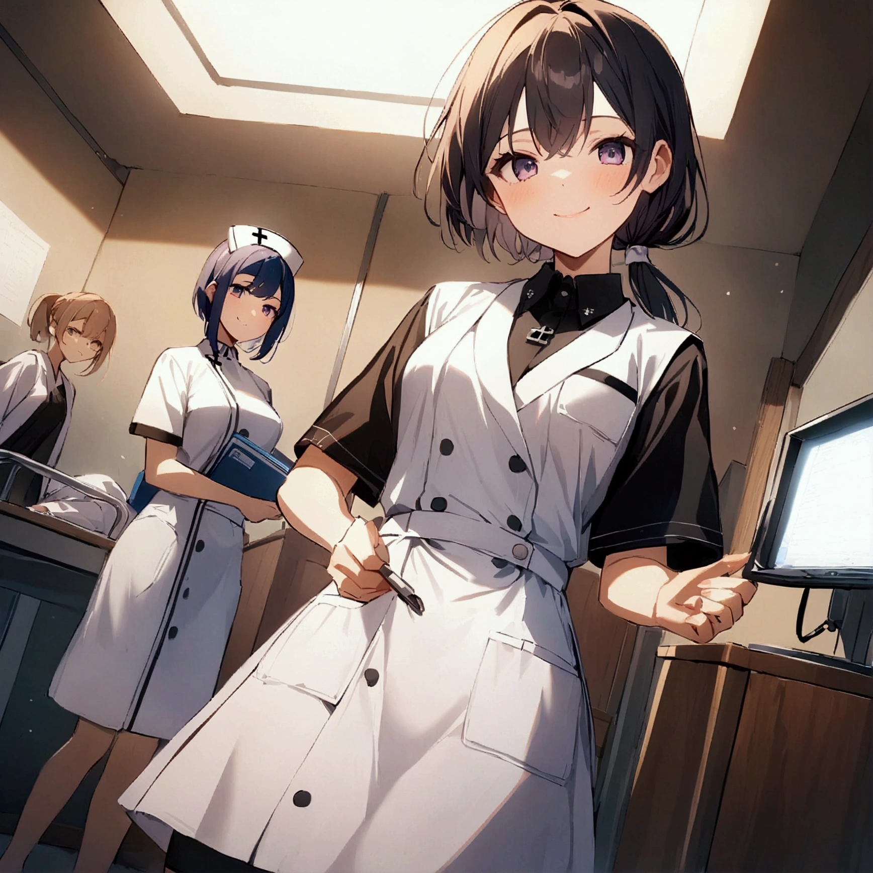 score_9,score_8_up,score_7_up,source_anime,examination room,day,multiple girls,japanese,teenager,nurse,standing,holding files,low ponytail,short hair,smile,mouth closed,cinematic lighting,looking at viewer, dynamic angle, Masterpiece:1.2,Highest quality,8k,official art,hand,white cross,black cross,