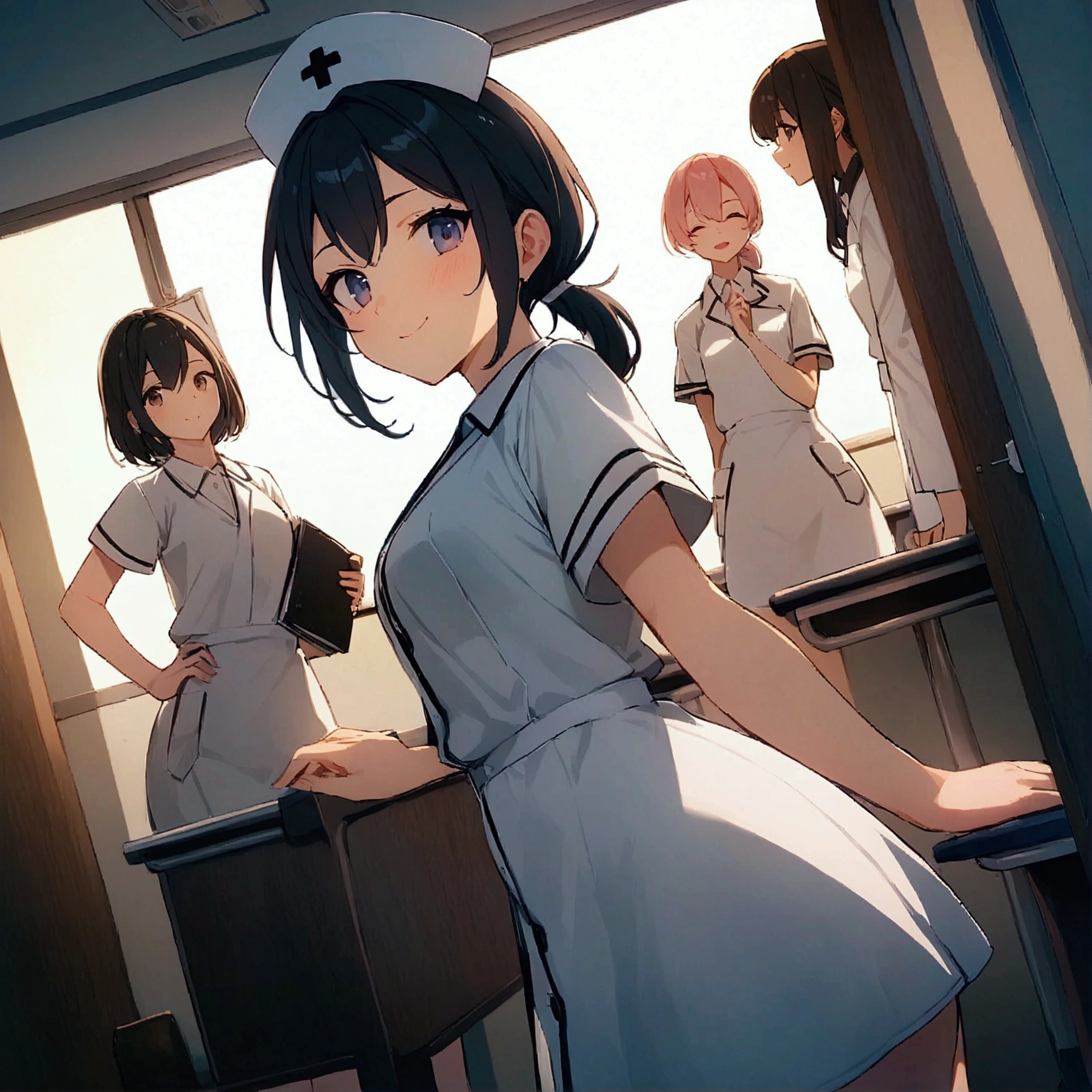 score_9,score_8_up,score_7_up,source_anime,examination room,day,multiple girls,japanese,teenager,nurse,standing,holding files,low ponytail,short hair,smile,mouth closed,cinematic lighting,looking at viewer, dynamic angle, Masterpiece:1.2,Highest quality,8k,official art,hand,white cross,black cross,