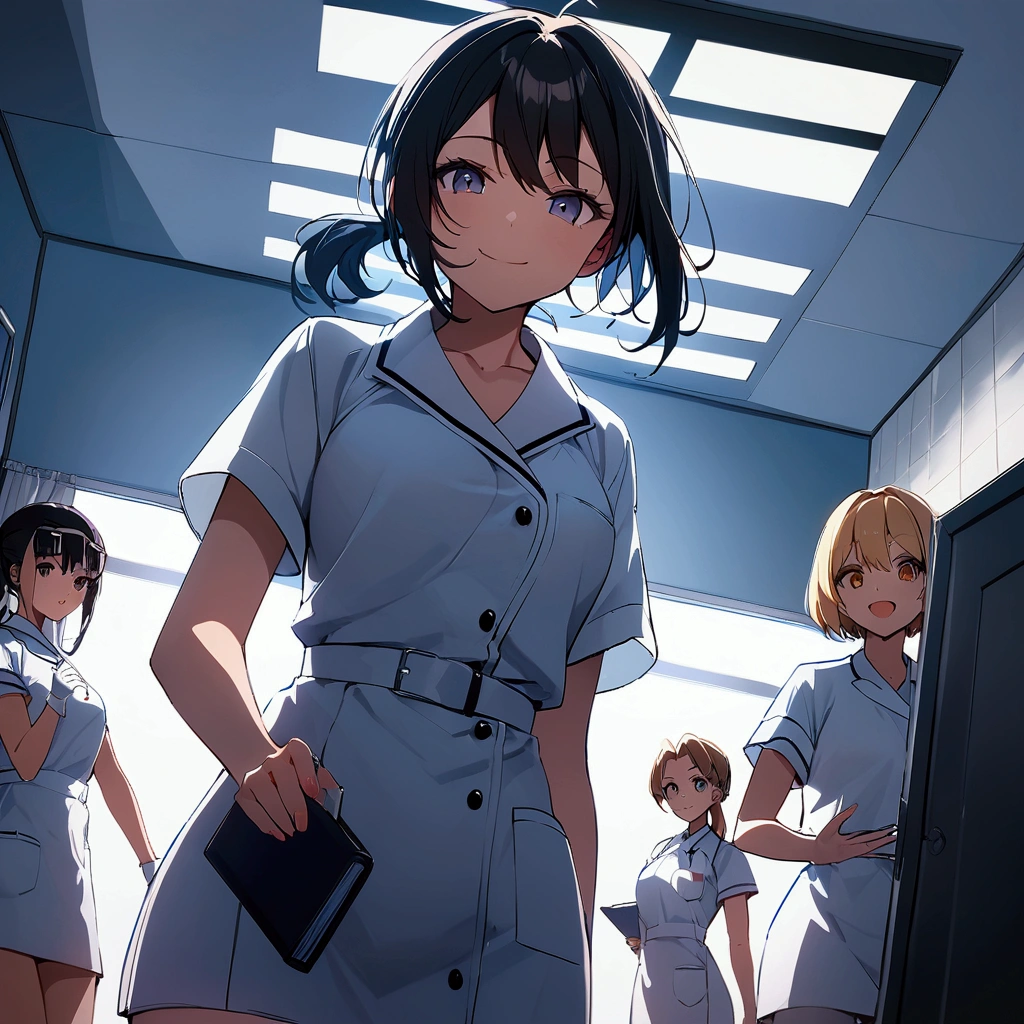 score_9,score_8_up,score_7_up,source_anime,examination room,day,multiple girls,japanese,teenager,nurse,standing,holding files,low ponytail,short hair,smile,mouth closed,cinematic lighting,looking at viewer, dynamic angle, Masterpiece:1.2,Highest quality,8k,official art,hand,white cross,black cross,