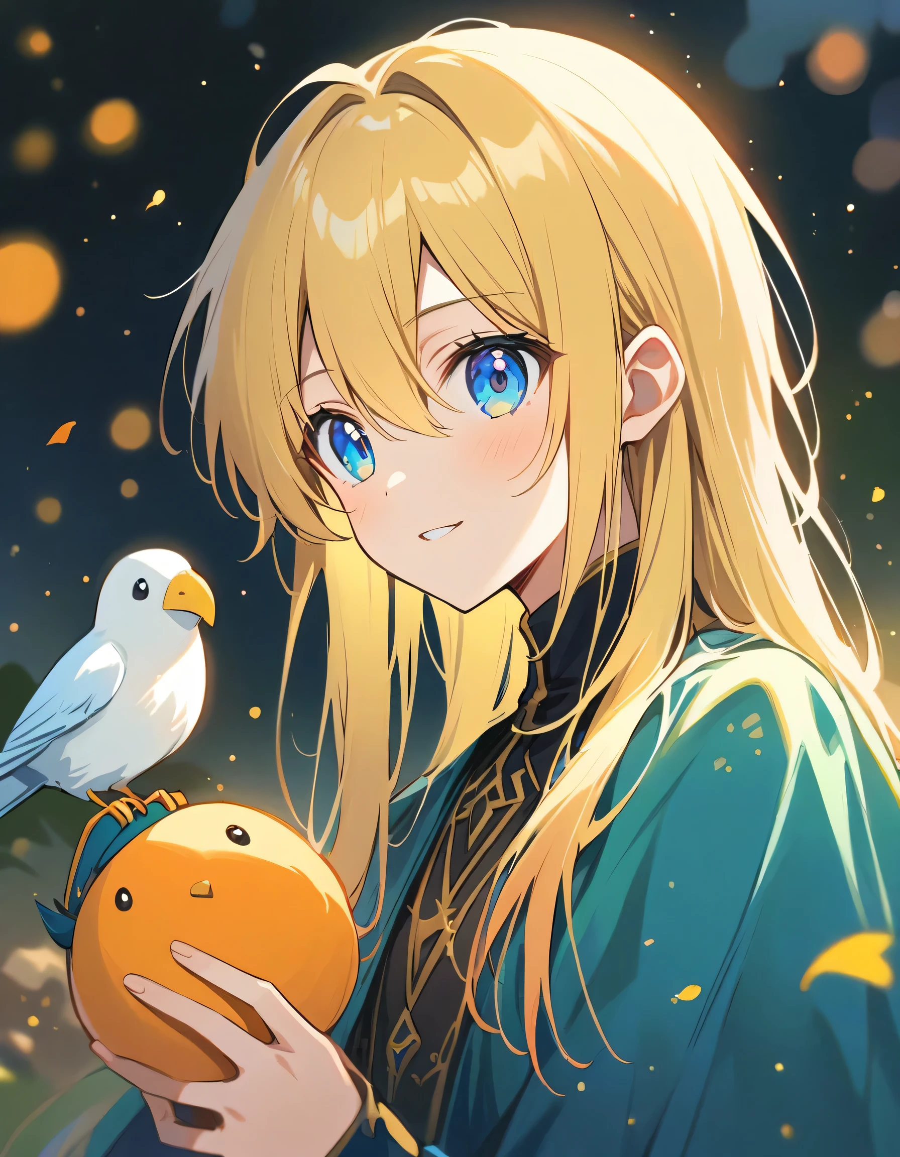 Atmospheric perspective, depth odebt debtield, Cinema Lighting, Shine, debt/2.8, 135mm, 超High resolution, retina, Attention to detail, high quality, High resolution, 最high quality, 4K、snow、Silver Hair、anime character with blue cape and hat holding a bird, portrait of magical blond prince, beautiful androgynous prince, inspired by Li Chevalier, delicate androgynous prince, machiavellian puppetmaster, okita sougo, tall anime guy with blue eyes, [[[[grinning evily]]]], orange - haired anime boy, zerochan、Please paint the whole thing in white and light colors..