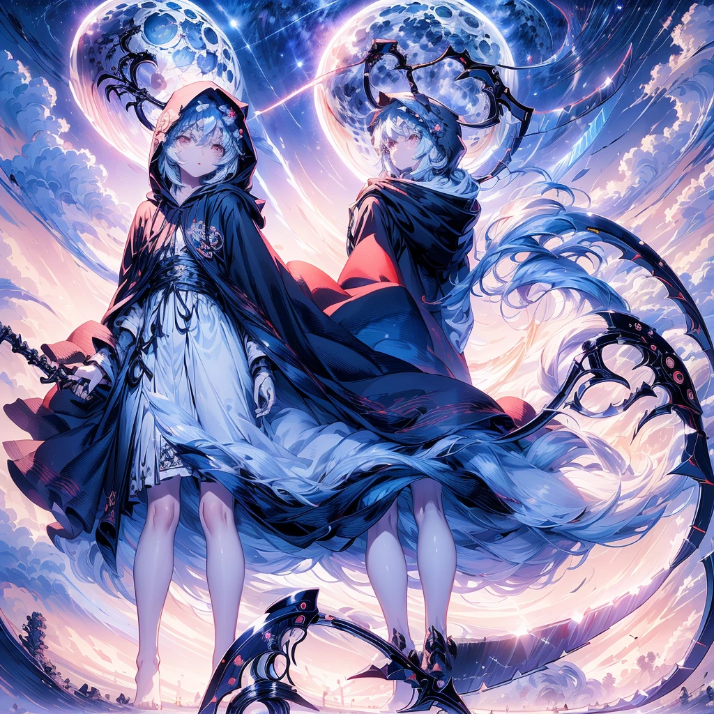 (((Masterpiece))),((( Best quality))),((( extremely detailed CG unity wallpaper))), (((Ultra-detailed))), Best Illustration, created by famous artists,Detailed background,chromatic aberration with strong rim light, (Beautiful and detailed night sky with blue moon:1.4), 1girll,Solo,(((scythe))),(Death Scythe:1.4),(Black cape),Clear face,Glowing eyes,Shining red eyes,White hair,Long sleeves,(((Hood))),Expressionless,stare,standing,view the viewer,A cloak that covers the whole body,(((Closed robe))) ,epic sky,jellyfishforest,1girll