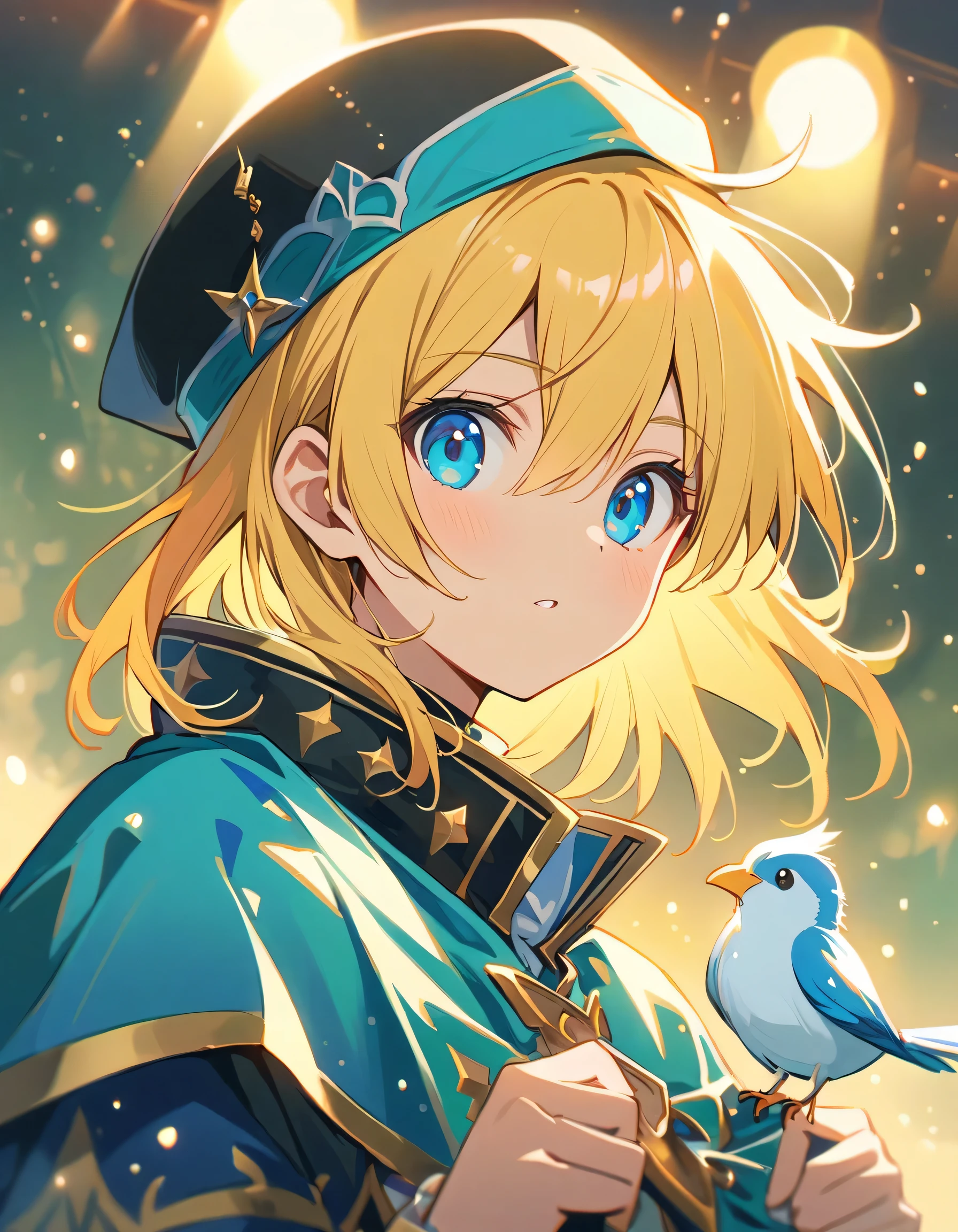 Atmospheric perspective, depth odebt debtield, Cinema Lighting, Shine, debt/2.8, 135mm, 超High resolution, retina, Attention to detail, high quality, High resolution, 最high quality, 4K、snow、Silver Hair、anime character with blue cape and hat holding a bird, portrait of magical blond prince, beautiful androgynous prince, inspired by Li Chevalier, delicate androgynous prince, machiavellian puppetmaster, okita sougo, tall anime guy with blue eyes, [[[[grinning evily]]]], orange - haired anime boy, zerochan、Please paint the whole thing in white and light colors..