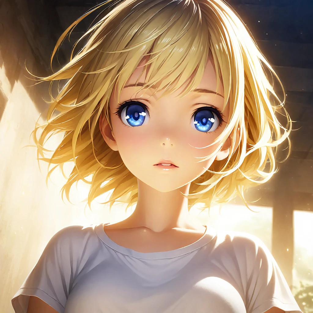 portrait, Practical, blue eyes, Blonde hair, Mid-chest, 4K resolution, High quality CG, Beautiful CG, Soft Light, Octane Rendering, white t-shirt, wide angle, front, direct gaze, frontal view, headshot