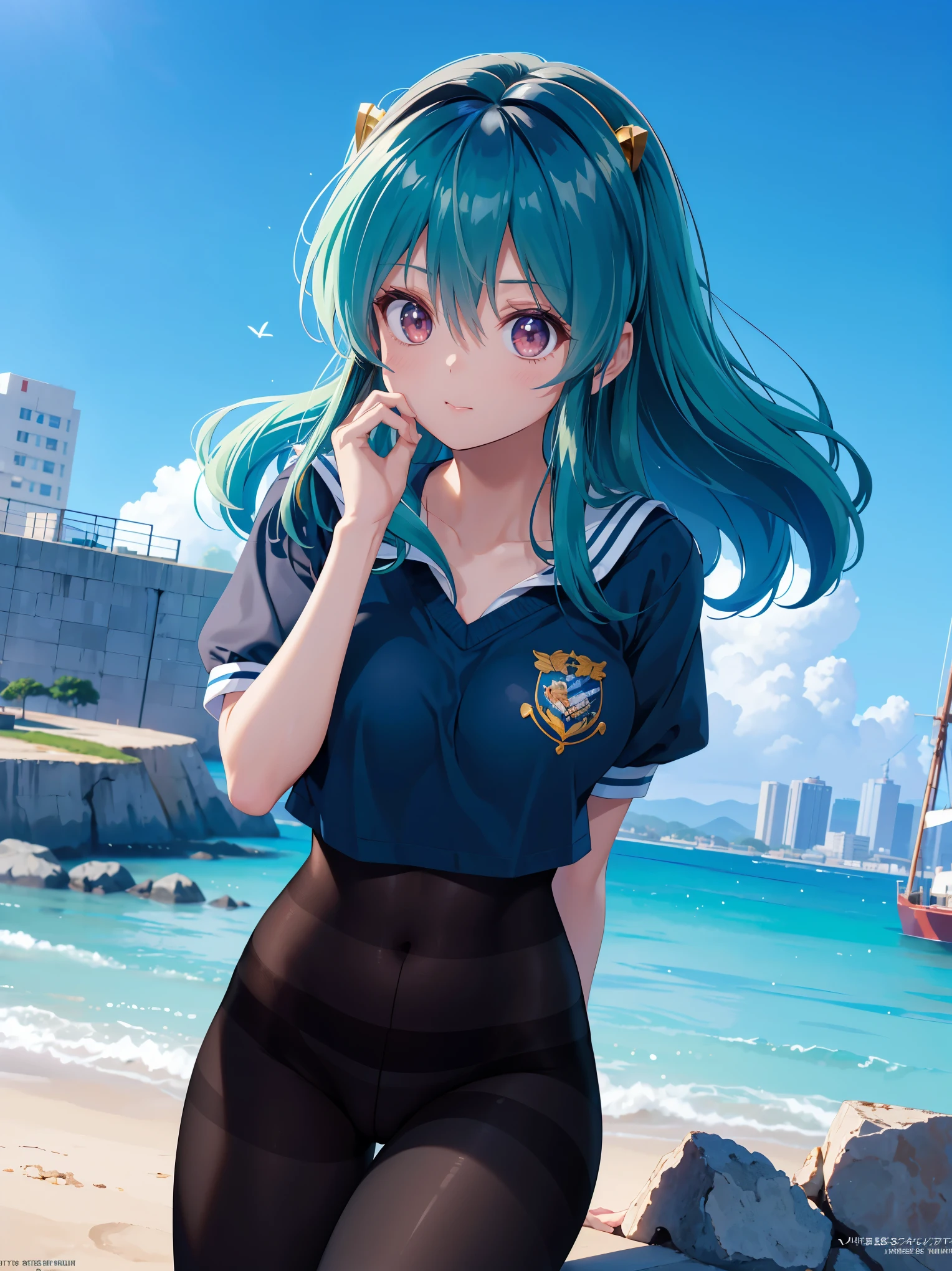 (1 Girl:1.2),(high quality), (High resolution), (Very detailed), (8k),(Demolition paperback correct)、Urusei Yatsura、Ram-chan、Sexy Lingerie、Wearing a sailor uniform、((Focus on the whole body))、Nipple Shape、((Black Pantyhose))、Hair messed up by the strong wind、Neutral White Lighting,Sexy pose、