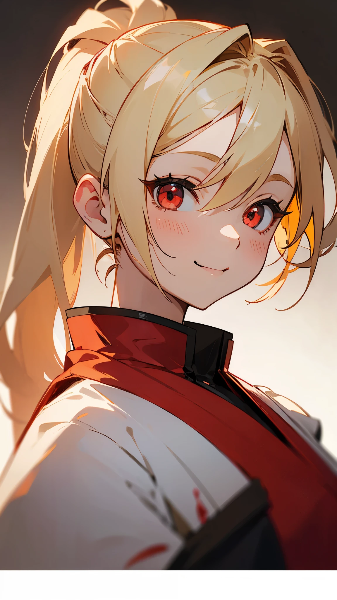 1 Girl、Anime-style paintings、Blonde Hair、Half Ponytail、Round red eyes、smile、From the side、Upper body close-up、White and red clothing