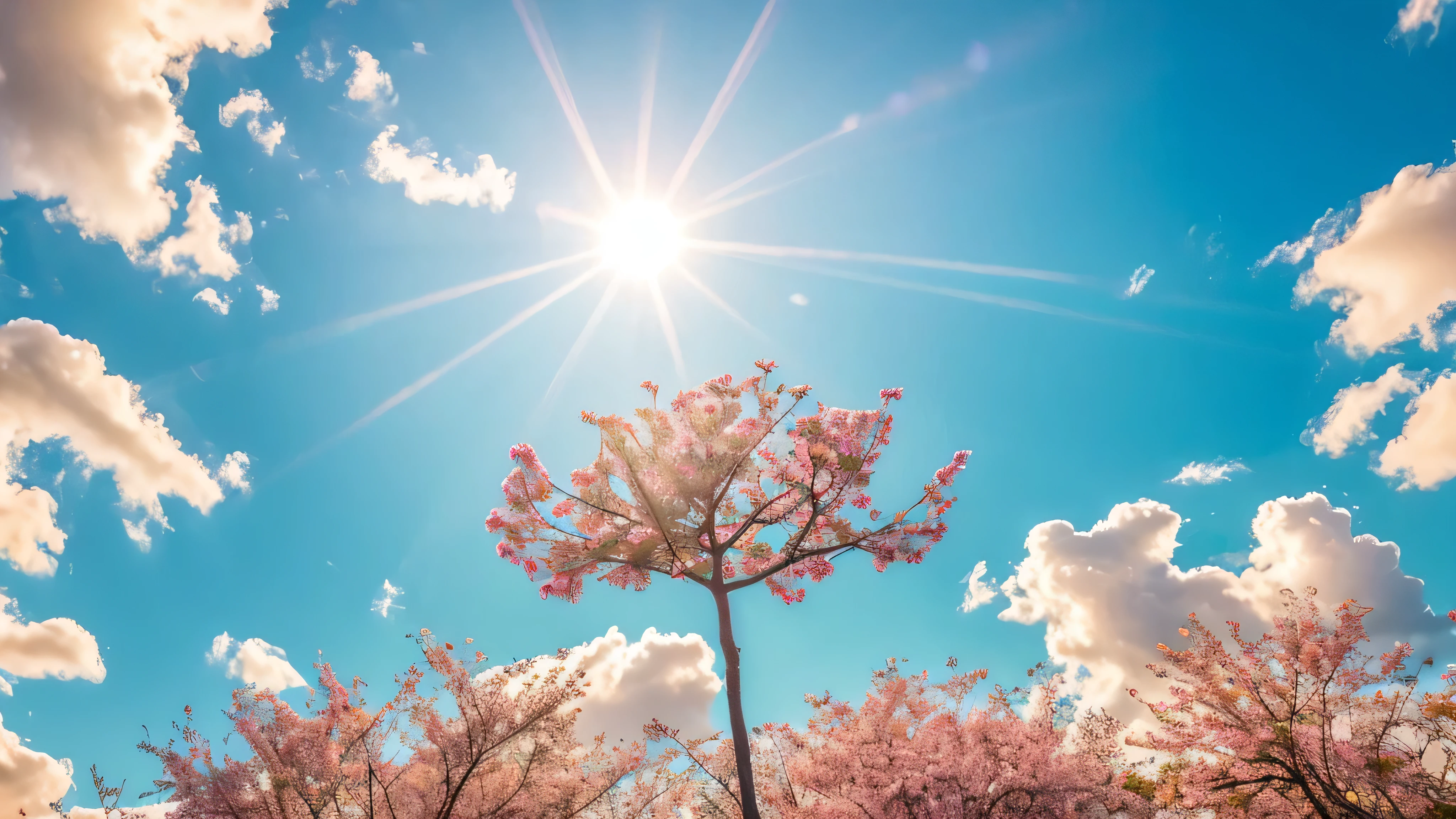 Under the expanse of blue sky, Vibrant flowers reach out towards the sun, Pink and white petals open. When the golden sun begins to rise、Fluffy clouds float leisurely in the background, Casting a warm glow on the tranquil landscape. This great photo is、It captures the essence of a serene morning., Where nature awakens in a symphony of color and light. Crisp and vivid details, Inviting viewers to immerse themselves in the beauty of the beginning of a new day.