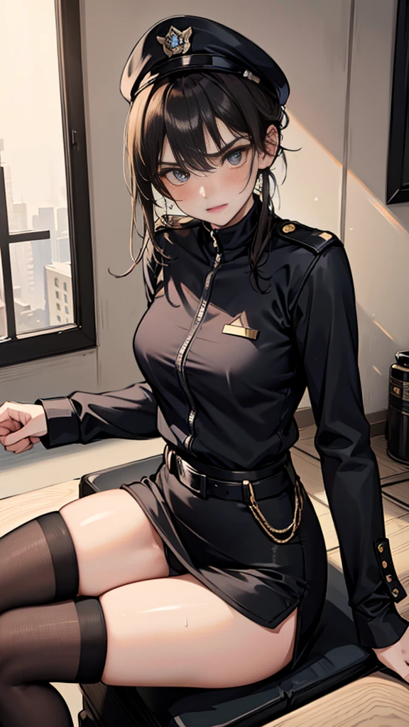 NSFW {{masterpiece}}, {{{Highest quality}}},{{Very detailed}},{{{from below}}}、{{{View from below}}}、{{{Low - Angle}}}、Leg spread、Spread your legs,{{Blonde female police officer sitting on a chair}}Pencil skirt with slits,belt Black leggings,Black tights,Small breasts Black underwear、Black panties,Thin legs Black long sleeve police uniform,Sitting in a chair in an office with a serious expression,Focus on legs{{{Sitting in a chair in an office with a serious expression成熟した女性}}},{{疲労でSweatをかいている成人女性}},Sweat,Hold the arm with one hand ,sit,{{Blushing}},{{V-shaped eyebrows}}},{{{}},{椅子にsit}},{},, ,{{}},,,{{}},{{}},,Slender body}}{{Female police officer}},,blush,Wrinkles ,amount,Grit your teeth,suffering,v-shaped eyebrows.,Sweat dripping ,get annoyed,,Inside the office,