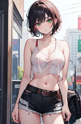 1girl, short black hair, tousled hair, messy hair, green eyes, red over shirt jacket, unbuttoned red shirt, white tank top, sheer top, transparent top, no bra, pink nipples, belly, midriff, tomboy, boyish, femboy, masculine, androgynous, badass, side , city, black denim shorts, unbuttoned shorts, leather belt, looking at viewer, full body
